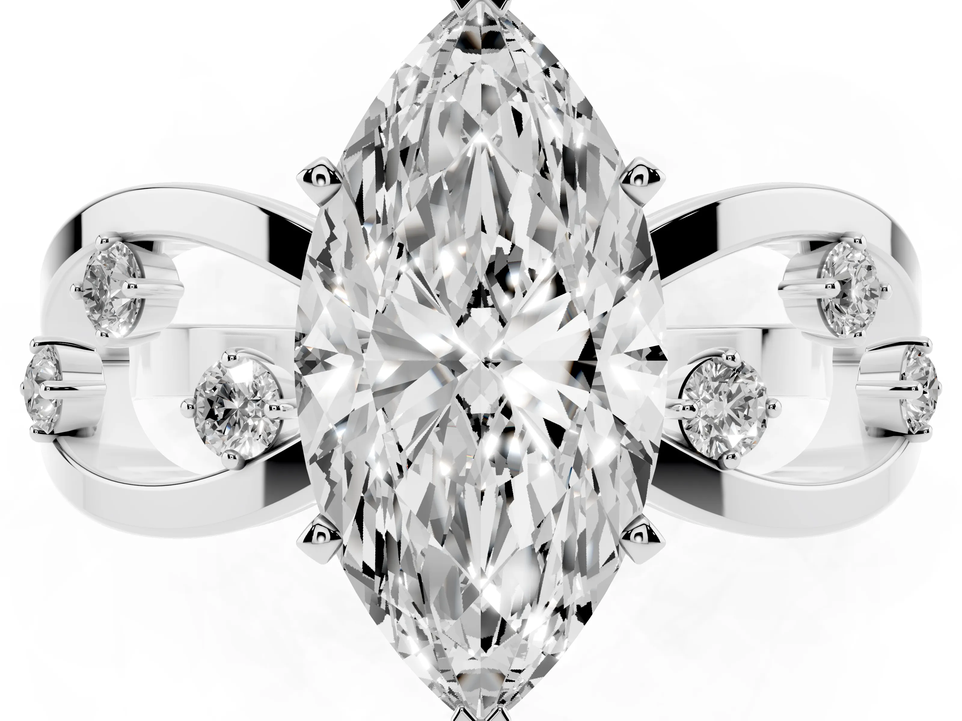 Marquise Cut Diamond Solitaire Ring Set in Silver with Side Stones on Criss-Cross Band and Prong Setting