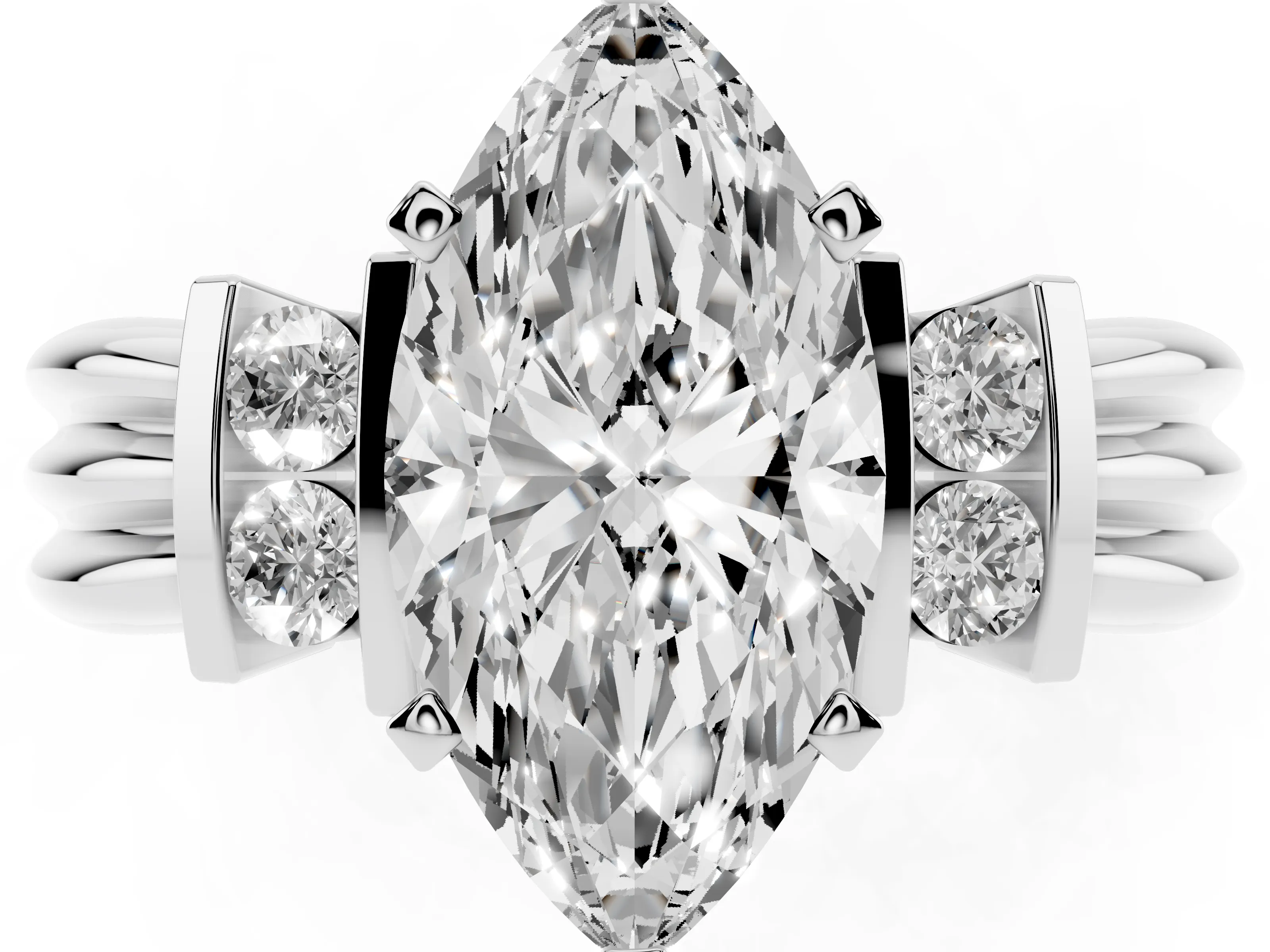 Three-Stone Marquise Cut Diamond Channel Set Ring Set in Platinum with Bar Prongs