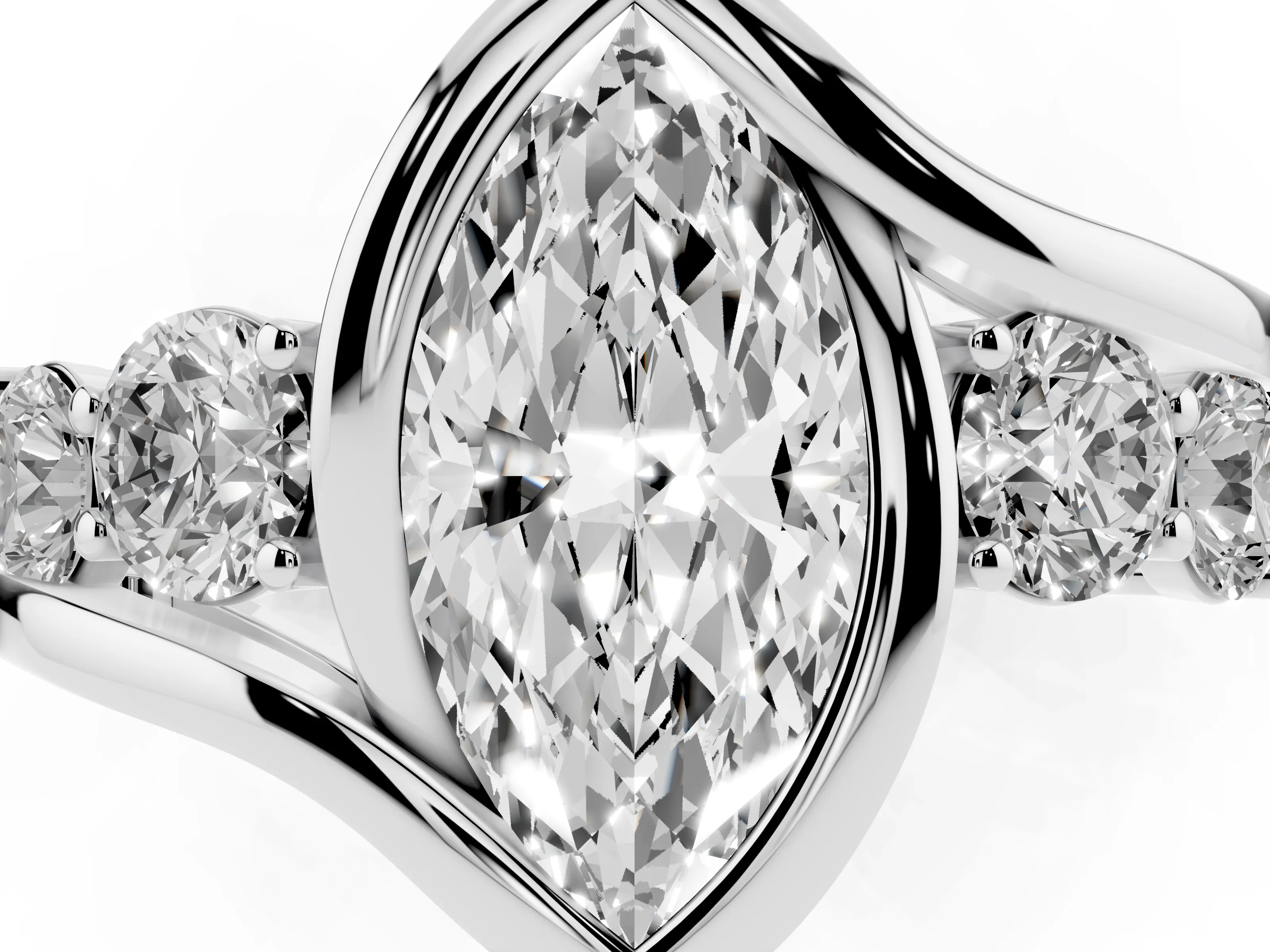 Marquise Cut Diamond Bezel Bypass Ring Set in Silver with Round Accents