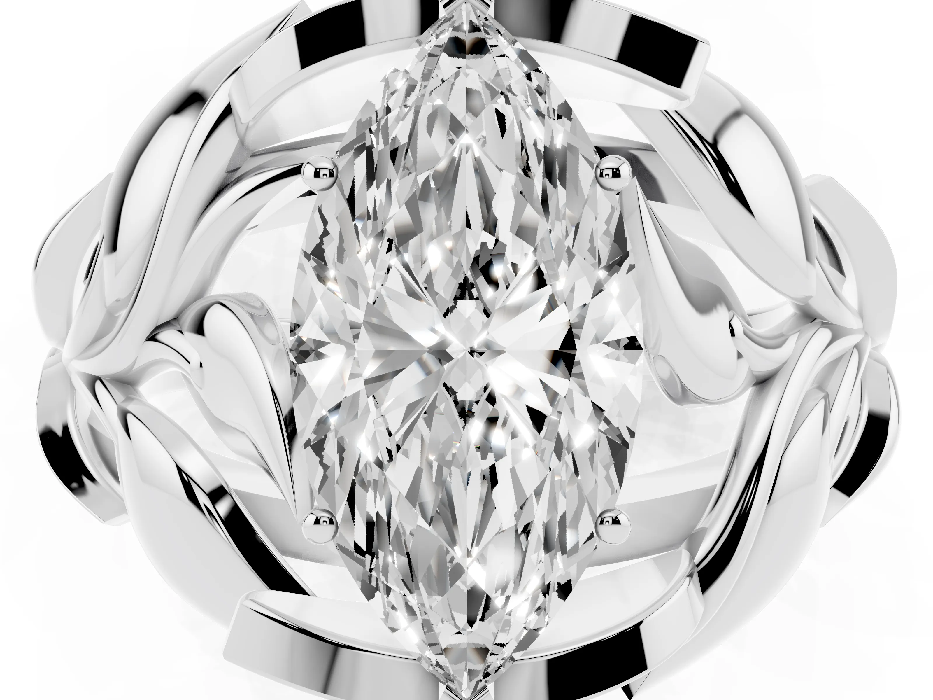 Marquise Cut Diamond Leaf-Inspired Engagement Ring Set in Platinum with Round Accents