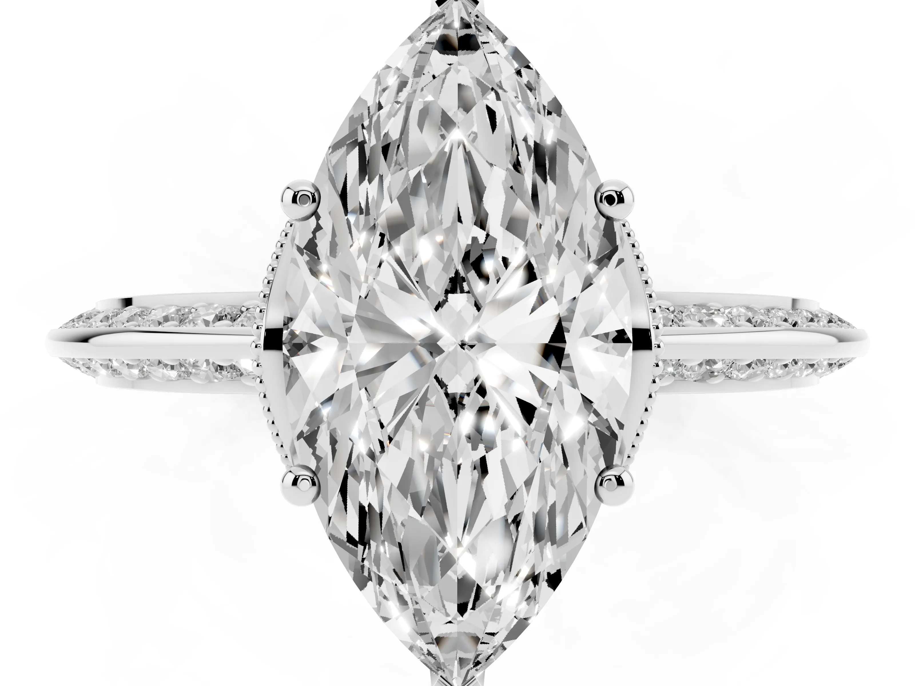 Marquise Cut Diamond Solitaire Engagement Ring Set in Silver with Pavé Split Shank and Prong Setting
