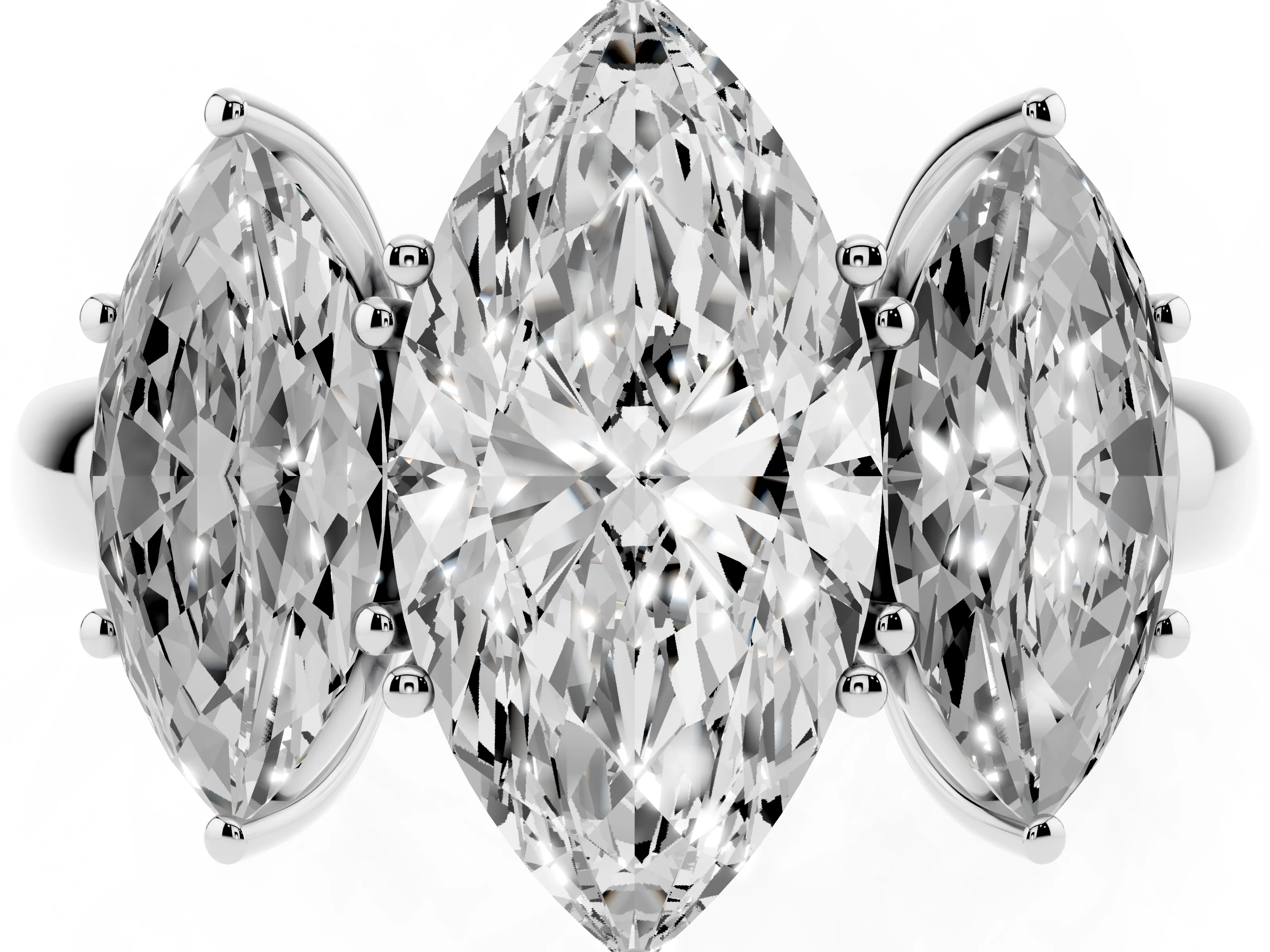 Marquise Cut Diamond Three-Stone Ring Set in Silver with Bold Center and Classic Band