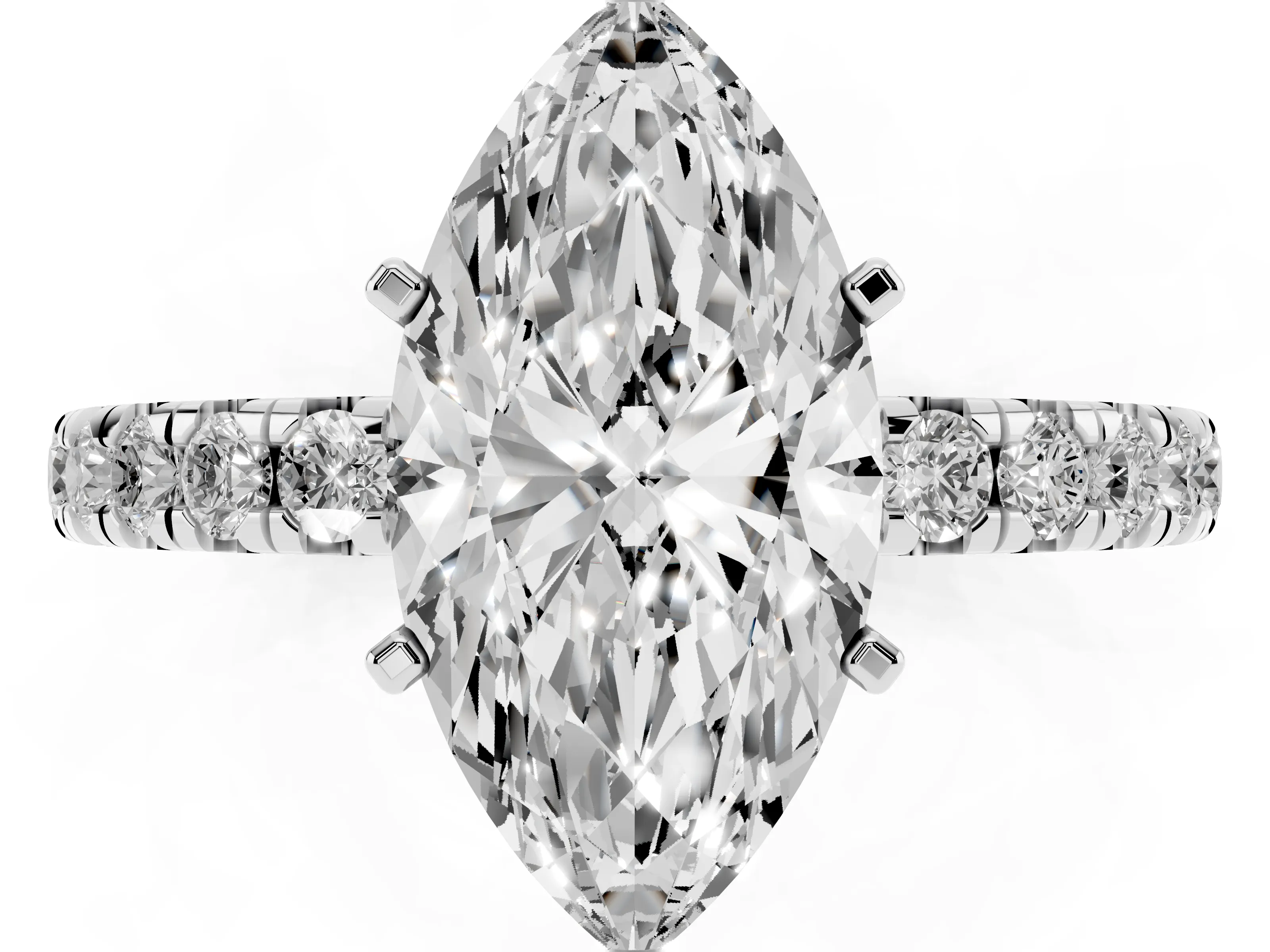 Marquise Cut Diamond Pavé Solitaire Ring Set in White gold with Round Band and Prong Setting