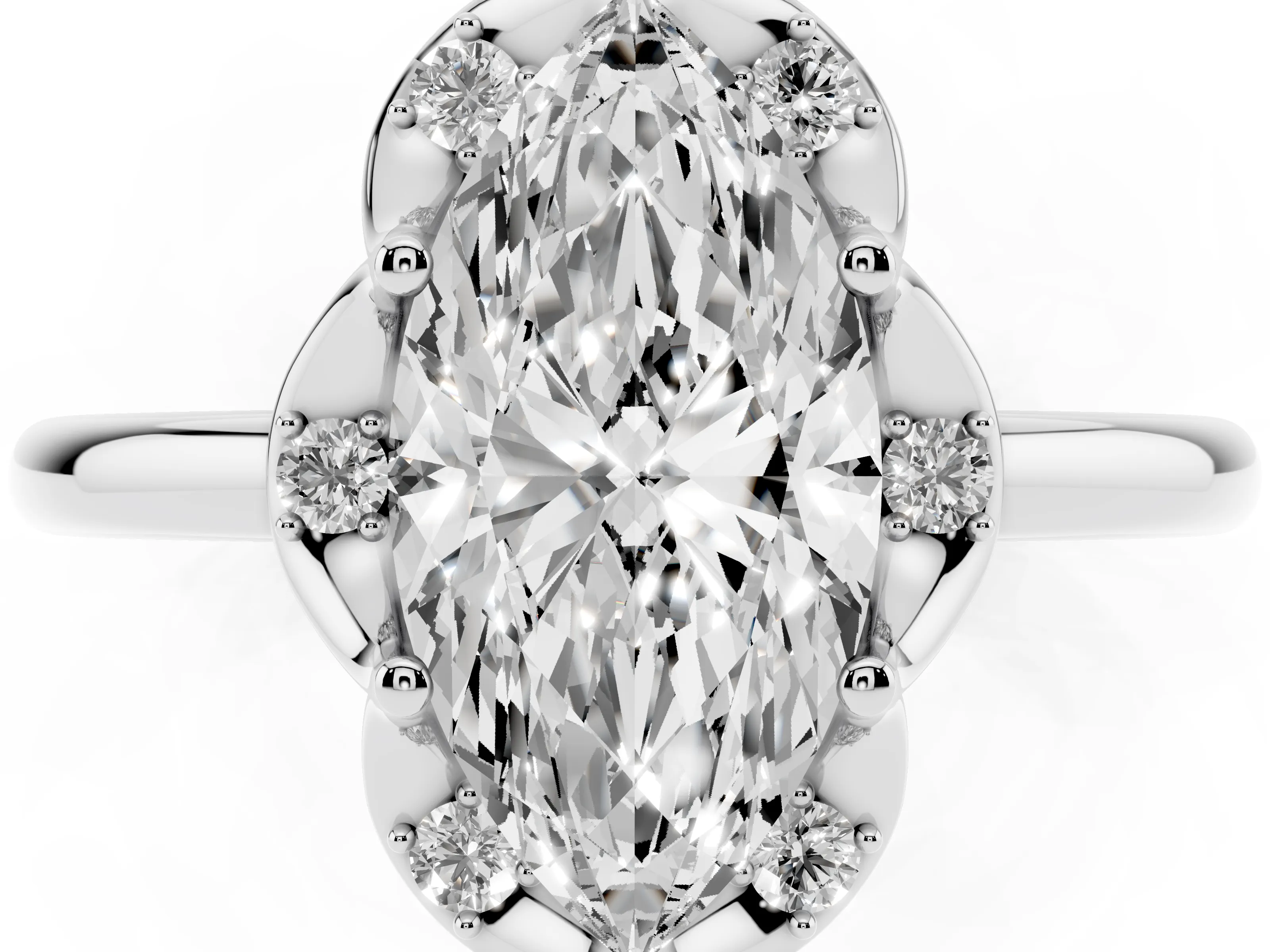 Marquise Cut Diamond Round Cluster Halo Ring Set in Silver with Solitaire Band and Prong Setting