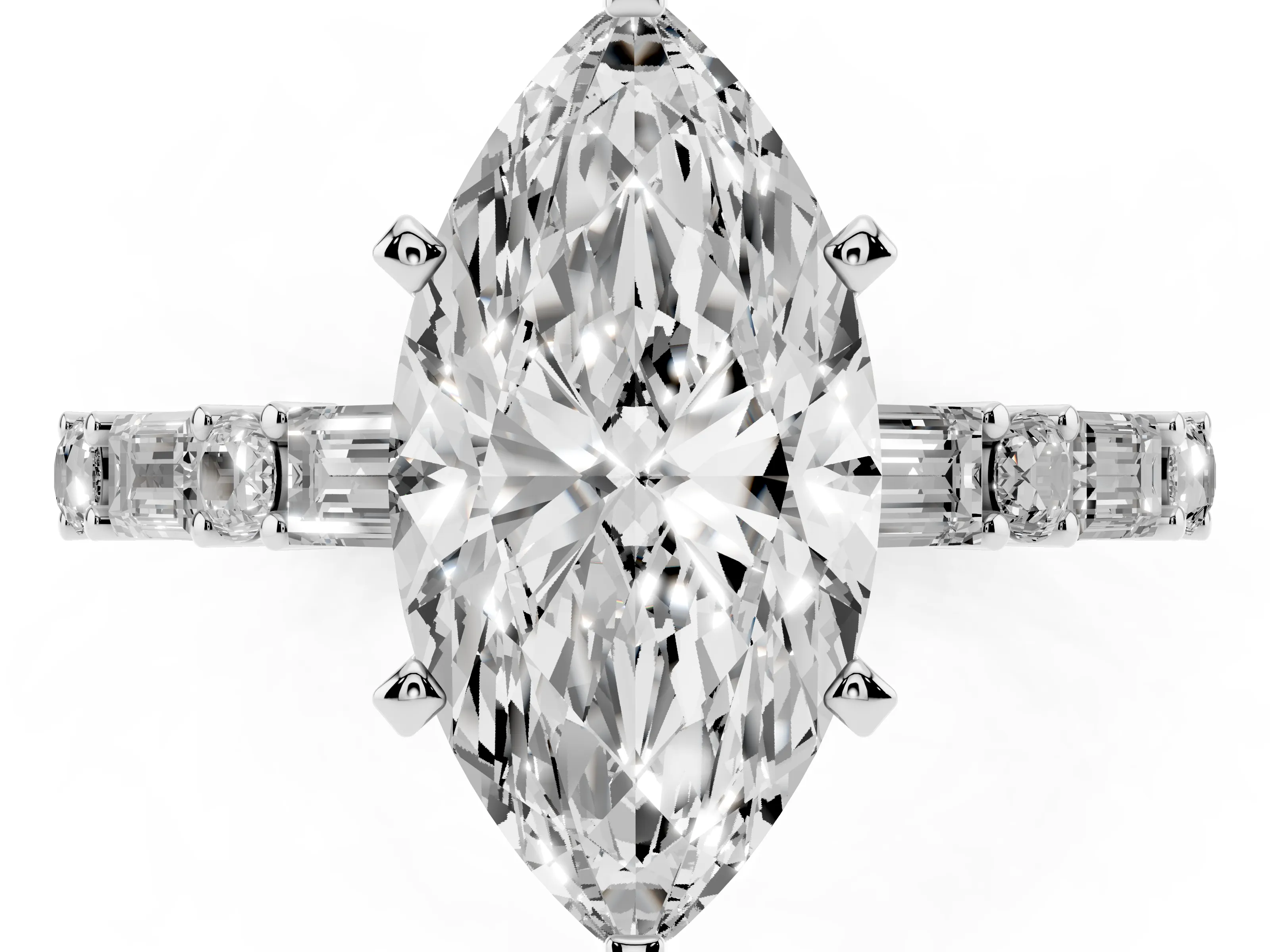 Marquise Cut Diamond Solitaire Set in Platinum with Side Baguettes and Channel Set Band