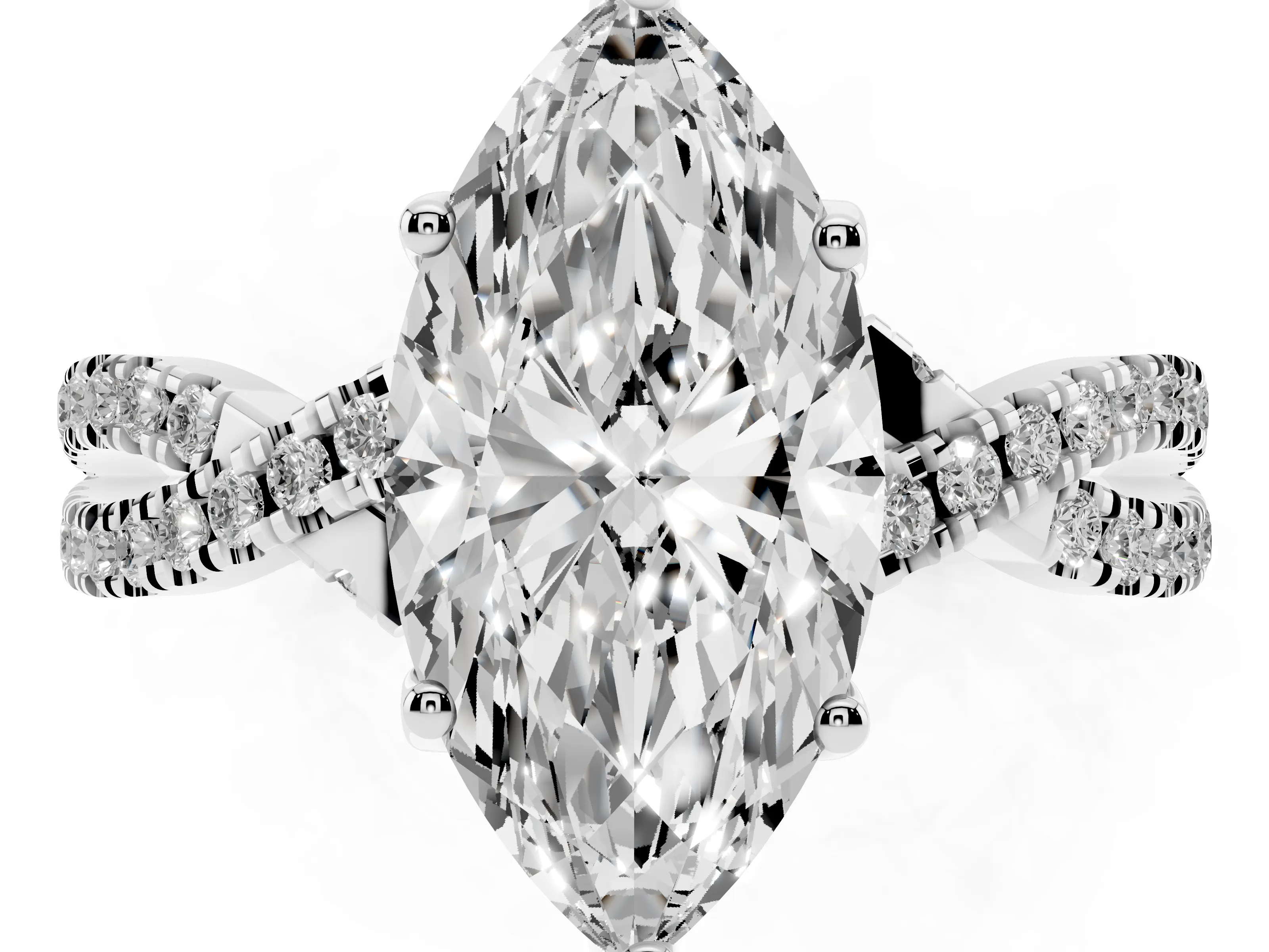 Marquise Cut Diamond Twist Pavé Solitaire Engagement Ring Set in White gold with Prong Setting