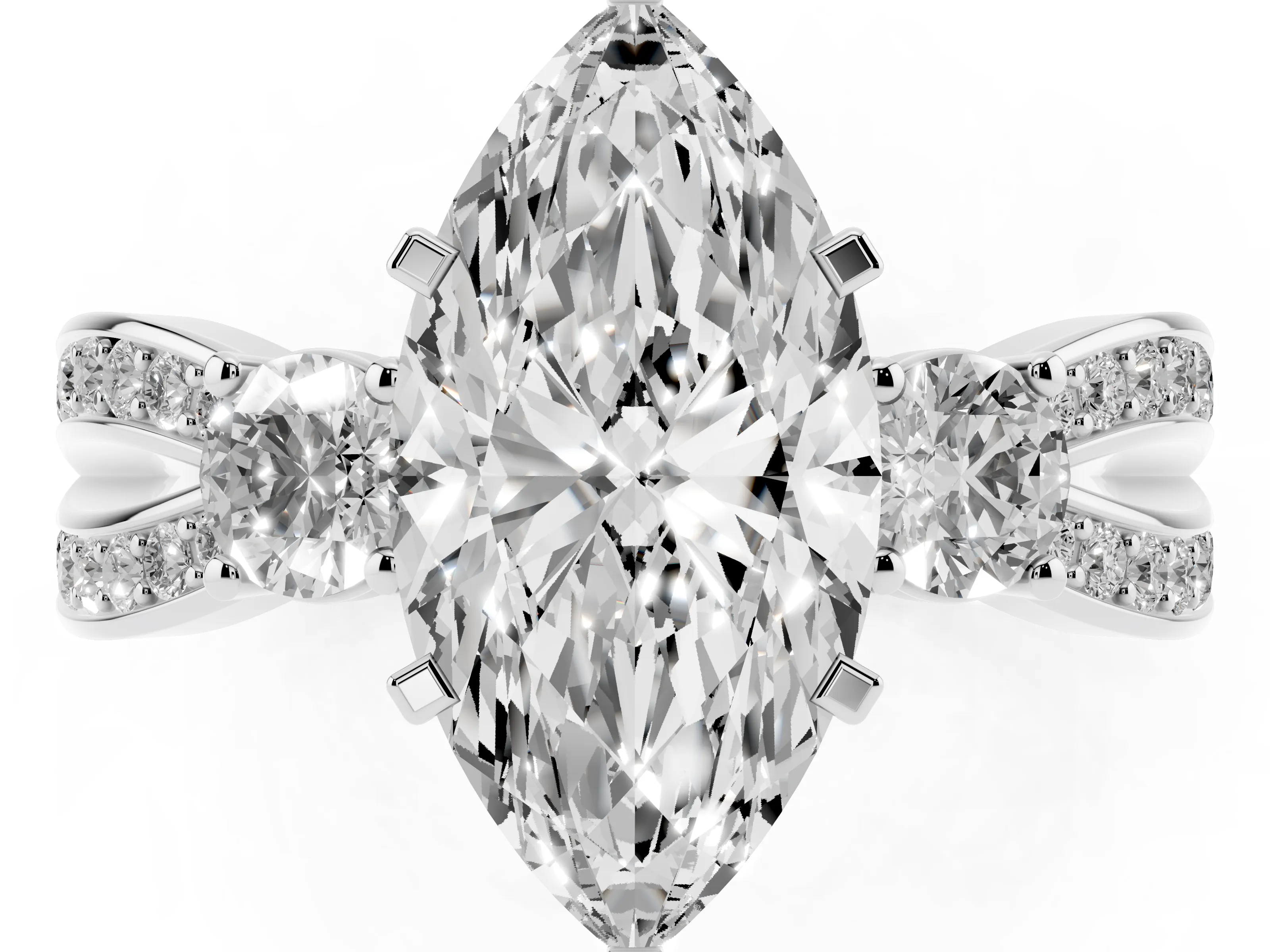 Three-Stone Marquise Cut Diamond Twist Band Ring Set in White gold with Pavé Accents and Prong Setting