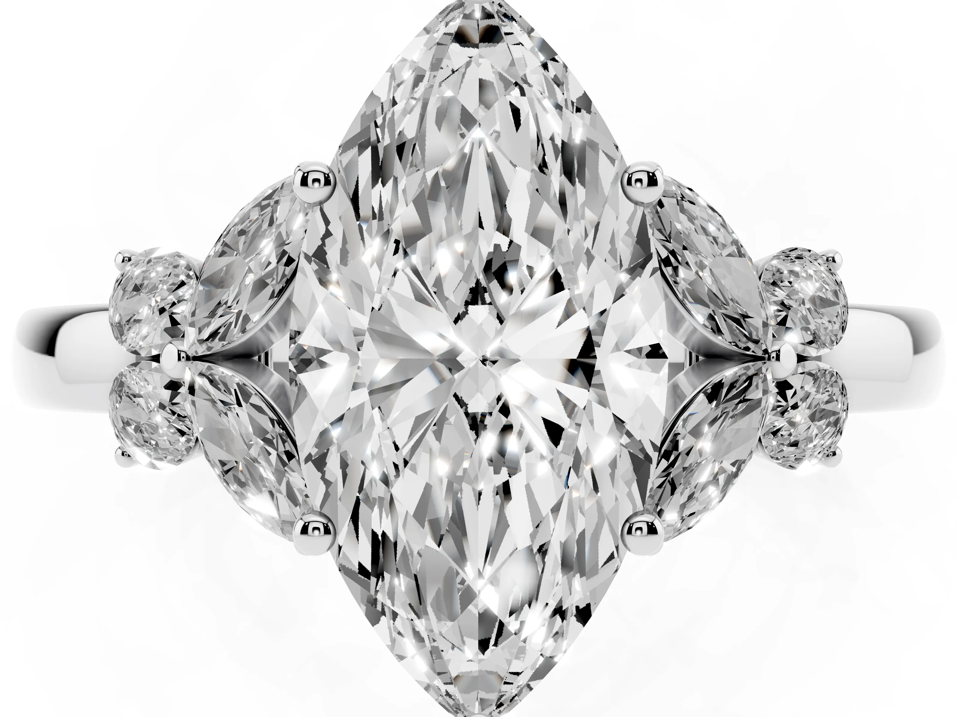 Marquise Cut Diamond Solitaire Floral Ring Set in White gold with Marquise Petals and Prong Setting