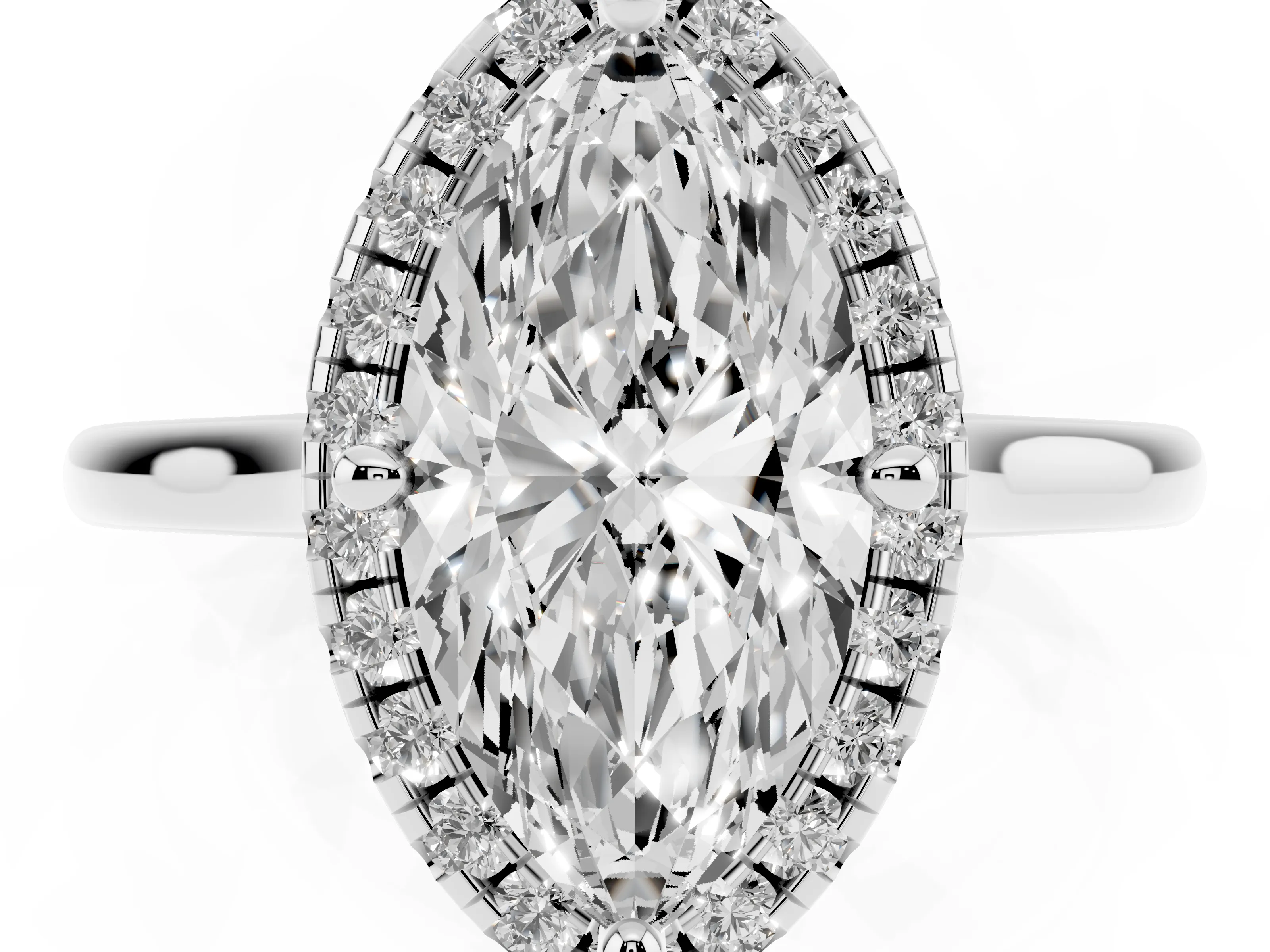 Marquise Cut Diamond Halo Engagement Ring Set in White gold with Pavé Band and Rising Shoulders