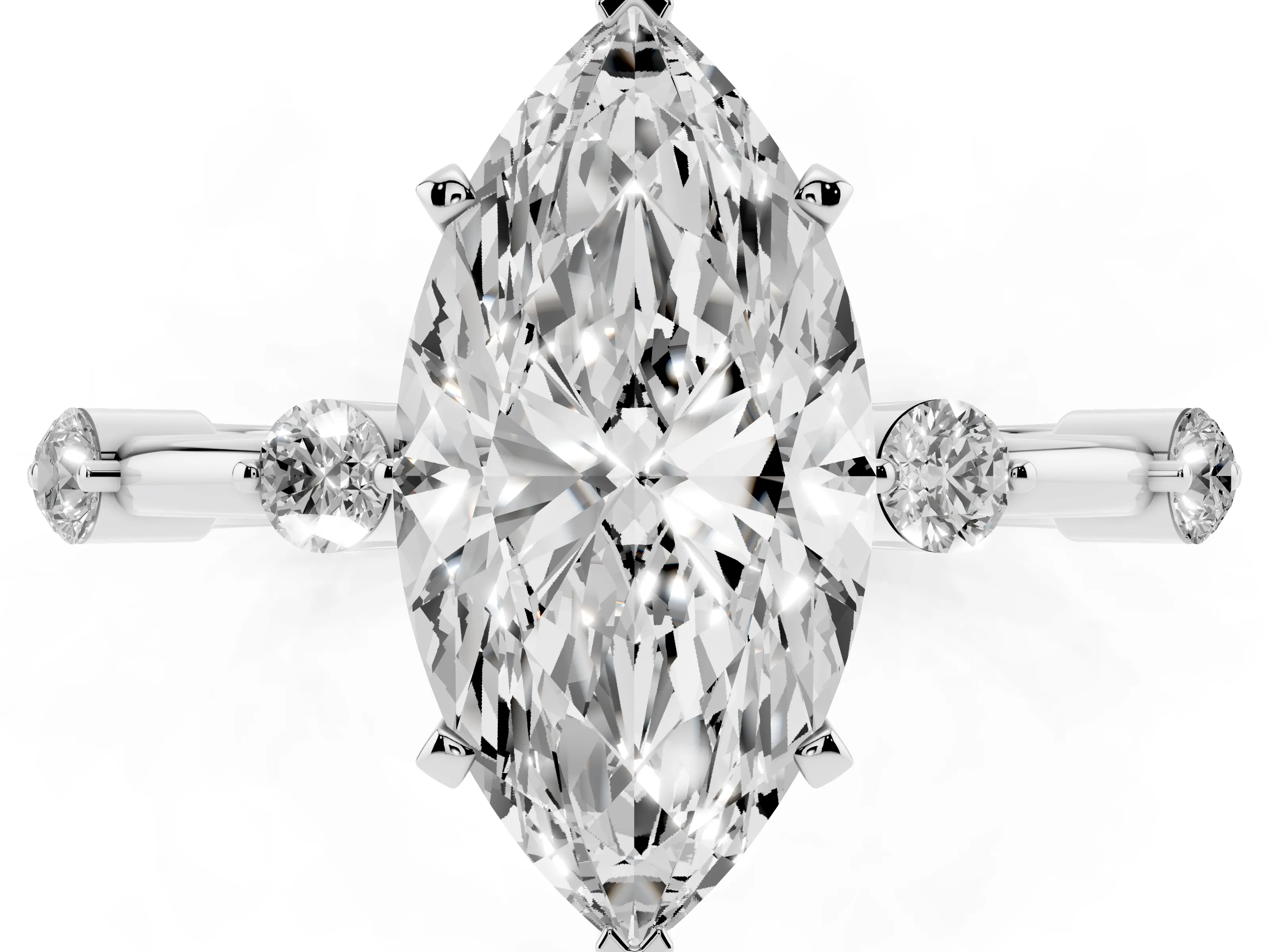 Marquise Cut Diamond Solitaire Ring Set in White gold with Bezel Set Side Stones and Prong Setting
