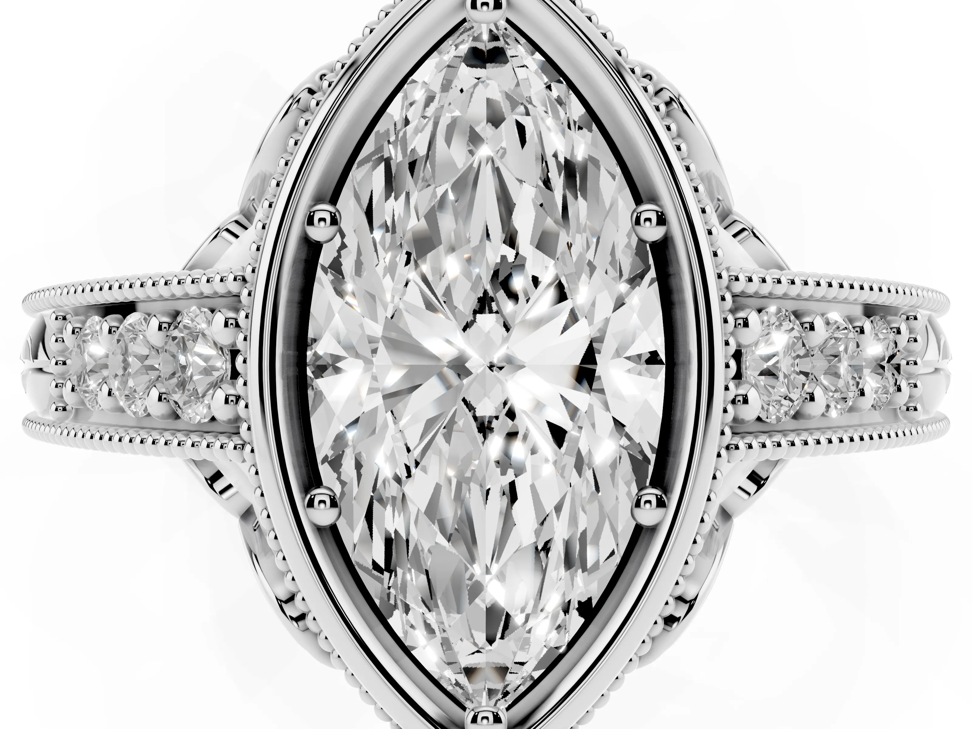 Bezel Set Marquise Cut Diamond Milgrain Pavé Engagement Ring Set in White gold