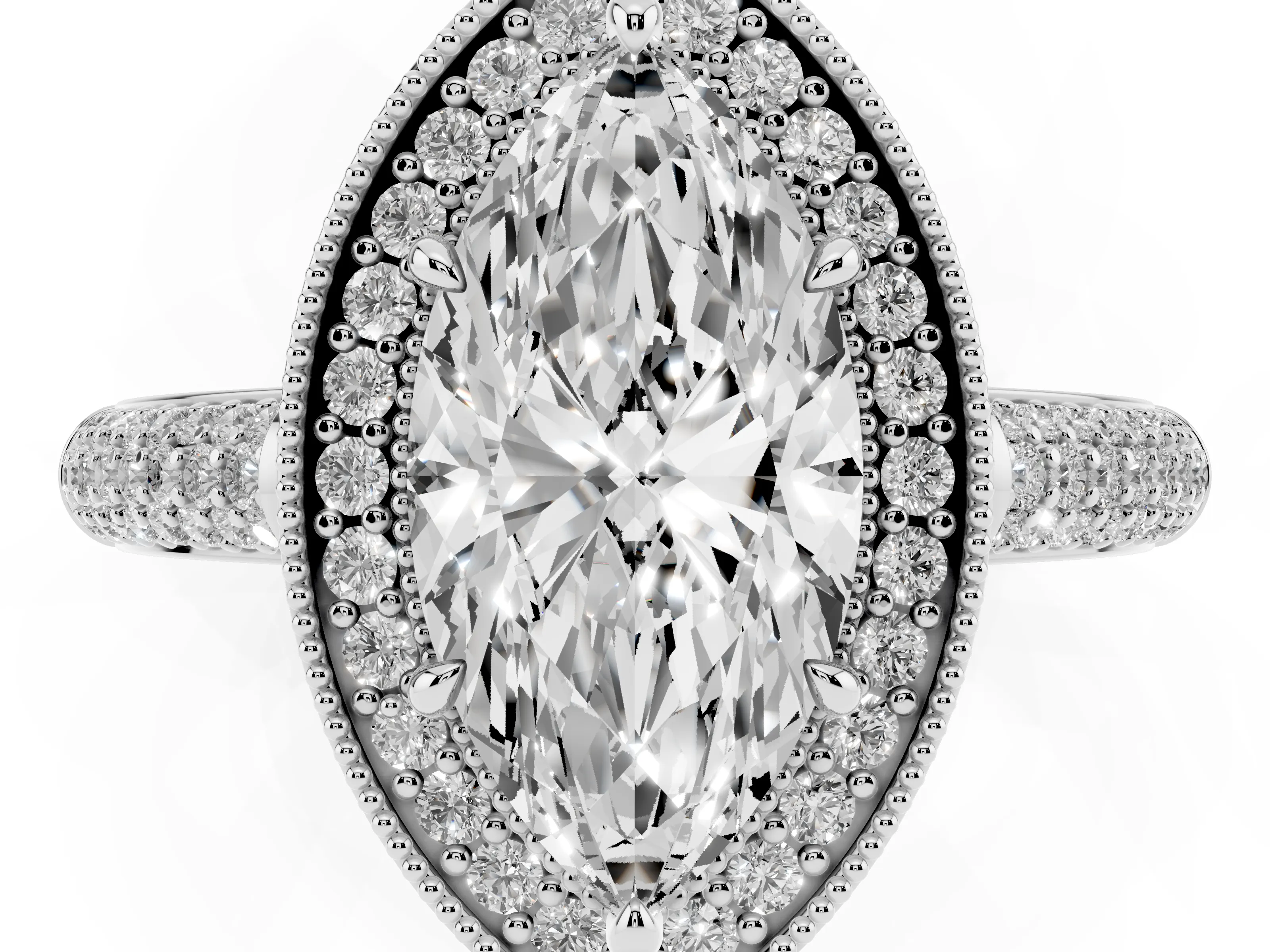Marquise Cut Diamond Halo Pavé Band Set in Silver with Prong Setting