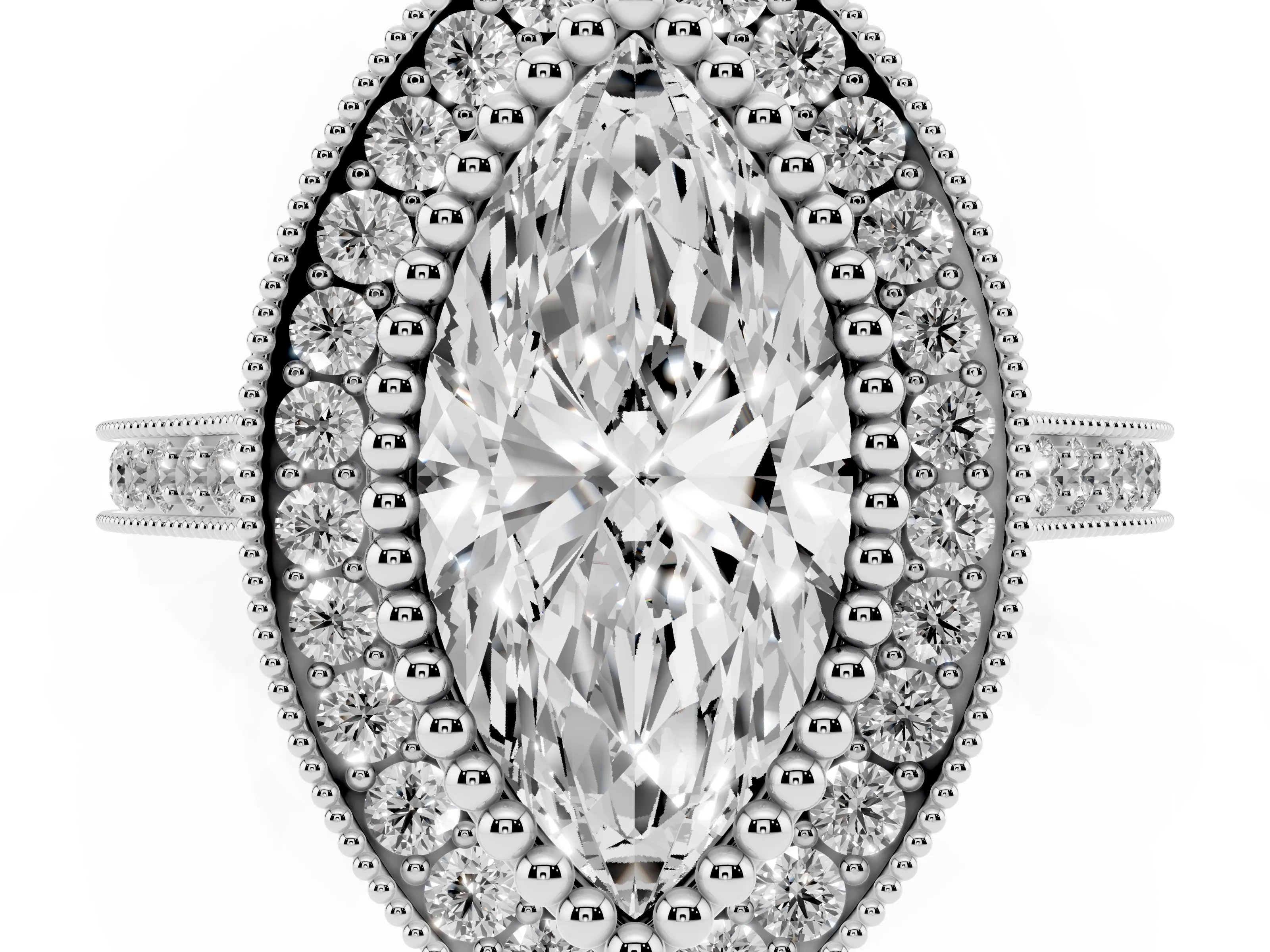 Marquise Cut Diamond Halo Ring Set in Silver with Milgrain Frame and Pavé Band