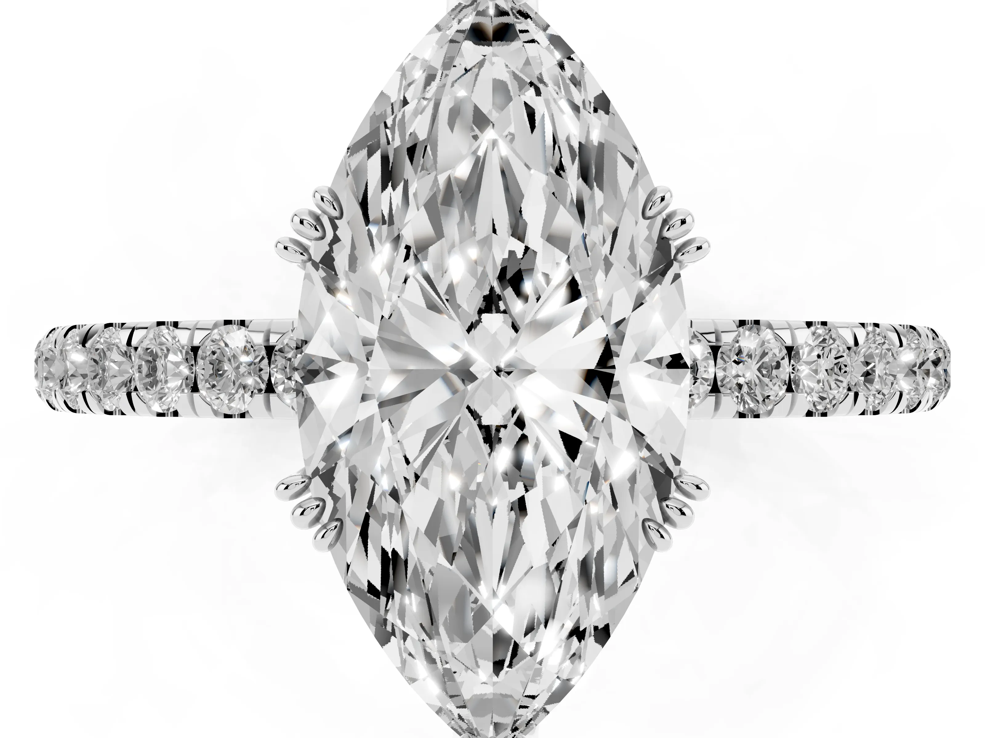 Marquise Cut Diamond Brilliant Solitaire Set in White gold with Pavé Band and Claw Prong Setting