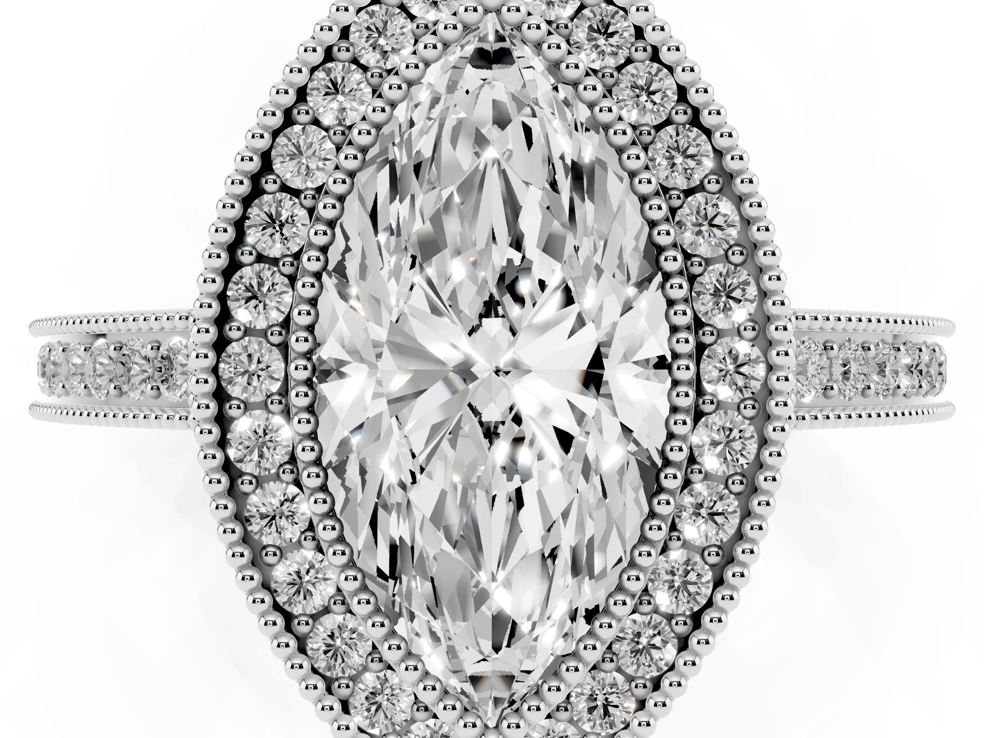 Marquise Cut Diamond Halo Ring Set in White gold with Pavé Band and Milgrain-Edged Prongs