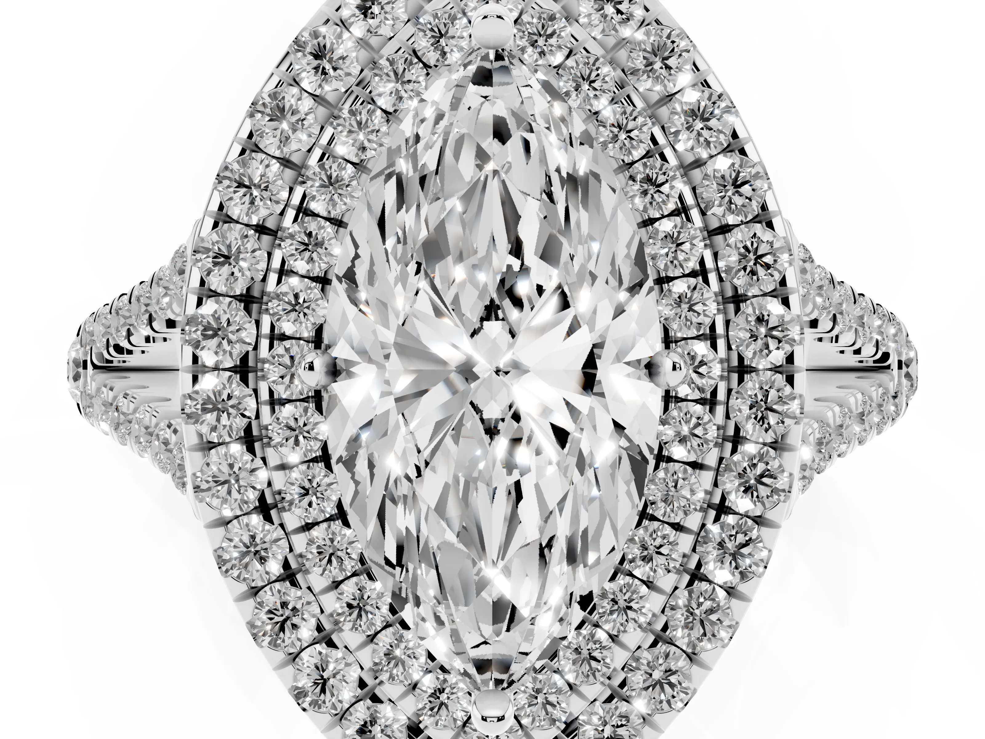 Marquise Cut Diamond Double Halo Ring Set in Platinum with Pavé Band