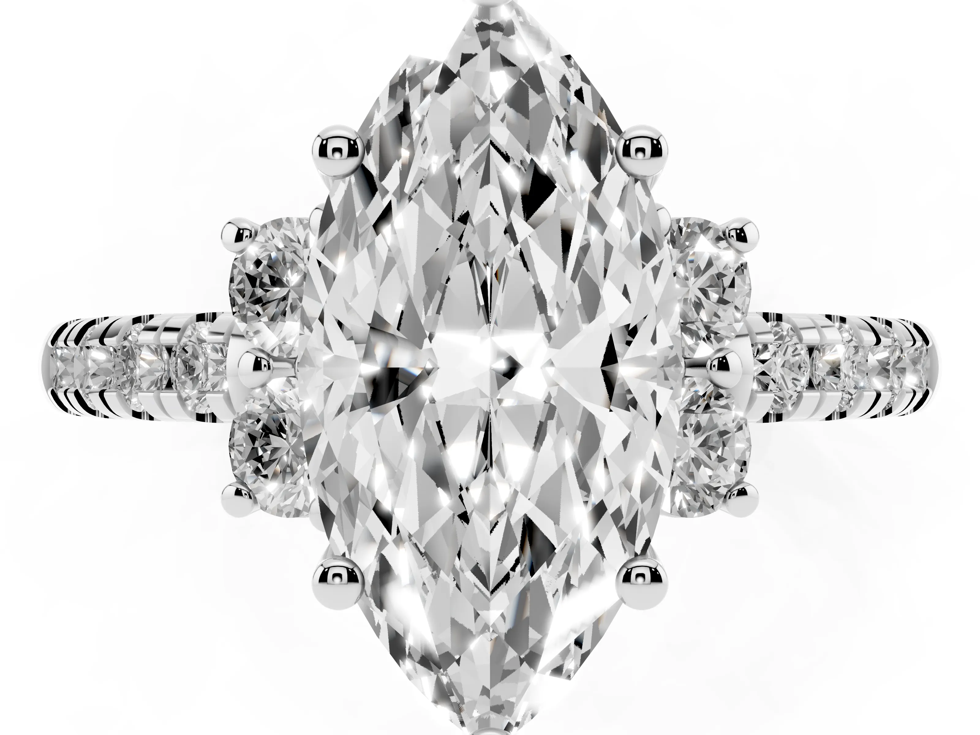 Marquise Cut Diamond Three-Stone Pavé Ring Set in Silver with Prong Setting