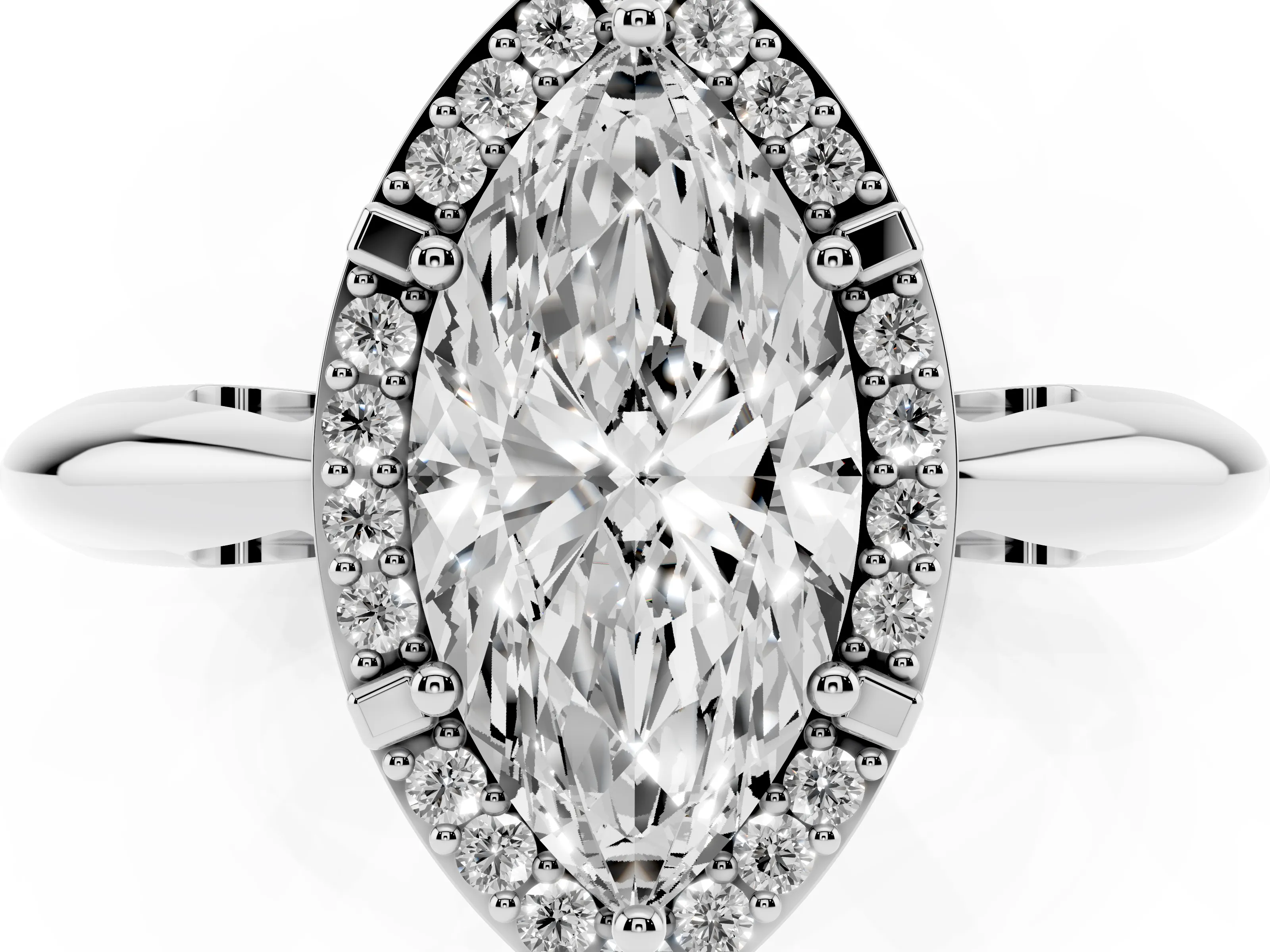 Marquise Cut Diamond Halo Engagement Ring Set in White gold with Plain Split Shank and Prong Setting
