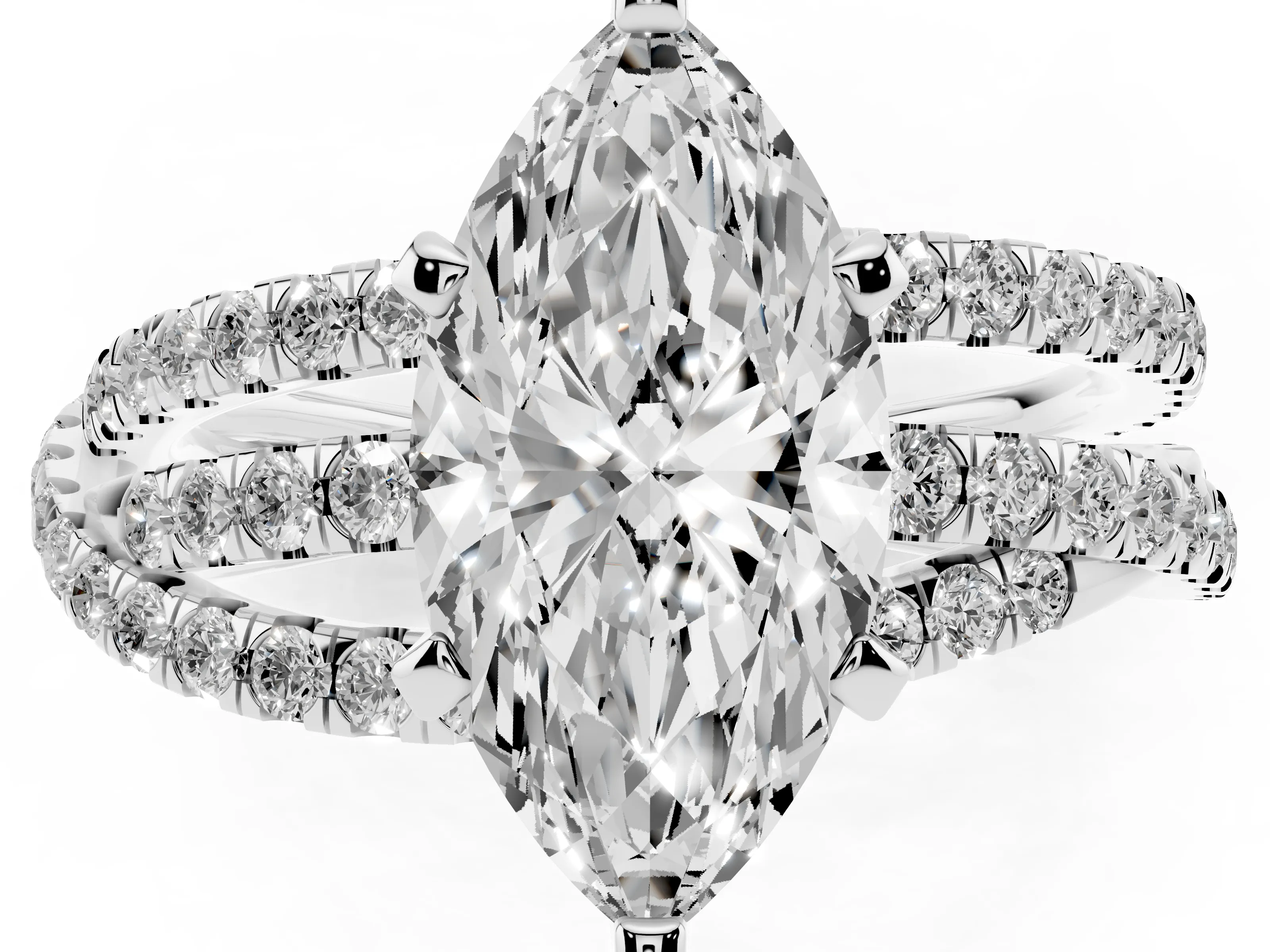 Marquise Cut Diamond Solitaire Twist Band Ring Set in Silver with Pavé Setting and Prong Head
