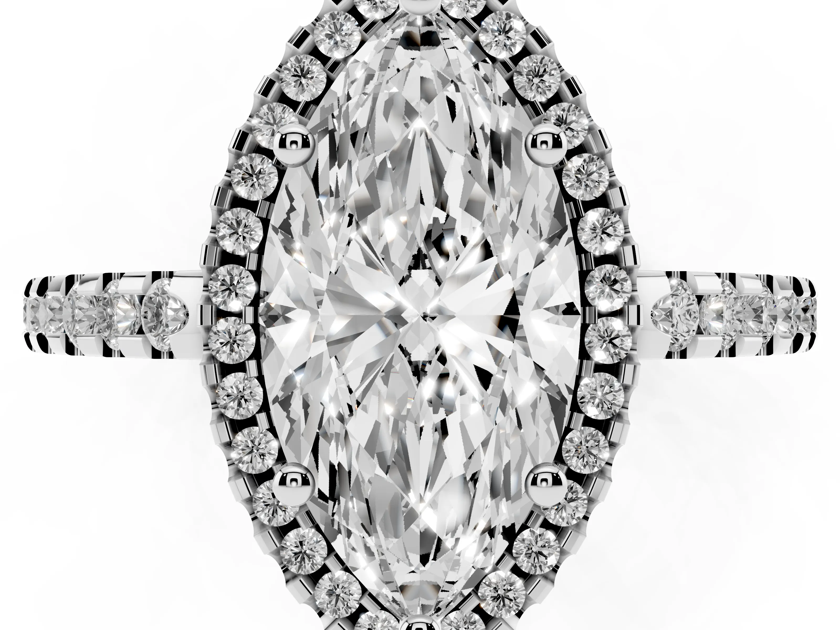 Marquise Cut Diamond Halo Ring Set in Silver with Pavé Shoulders and Halo-Framed Center