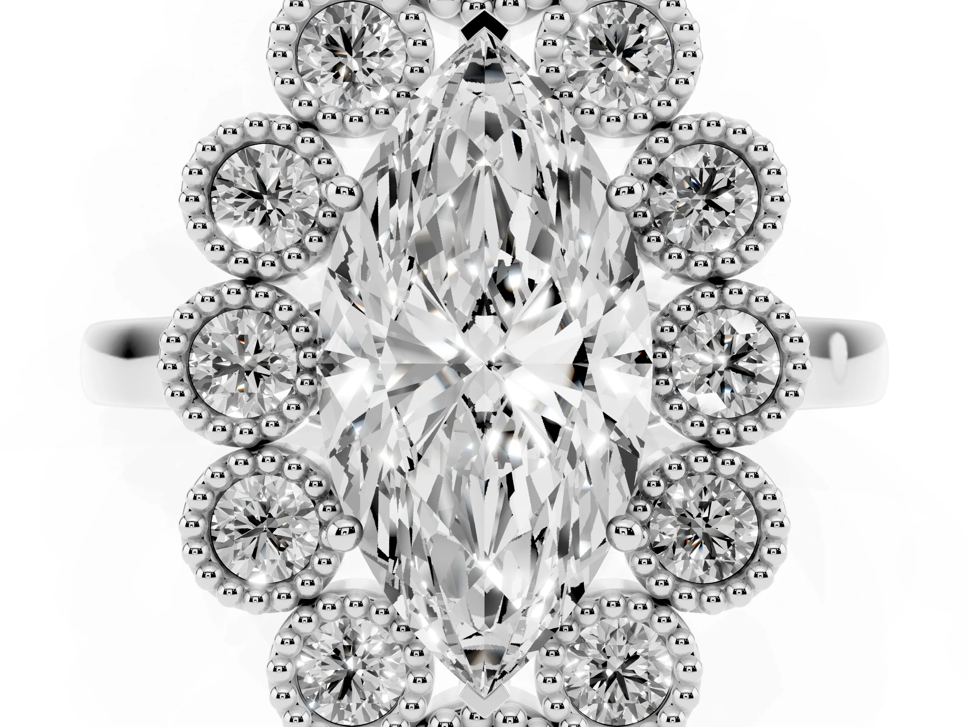 Marquise Cut Diamond Cluster Halo Ring Set in Platinum with Milgrain Bezel Accents and Plain Band