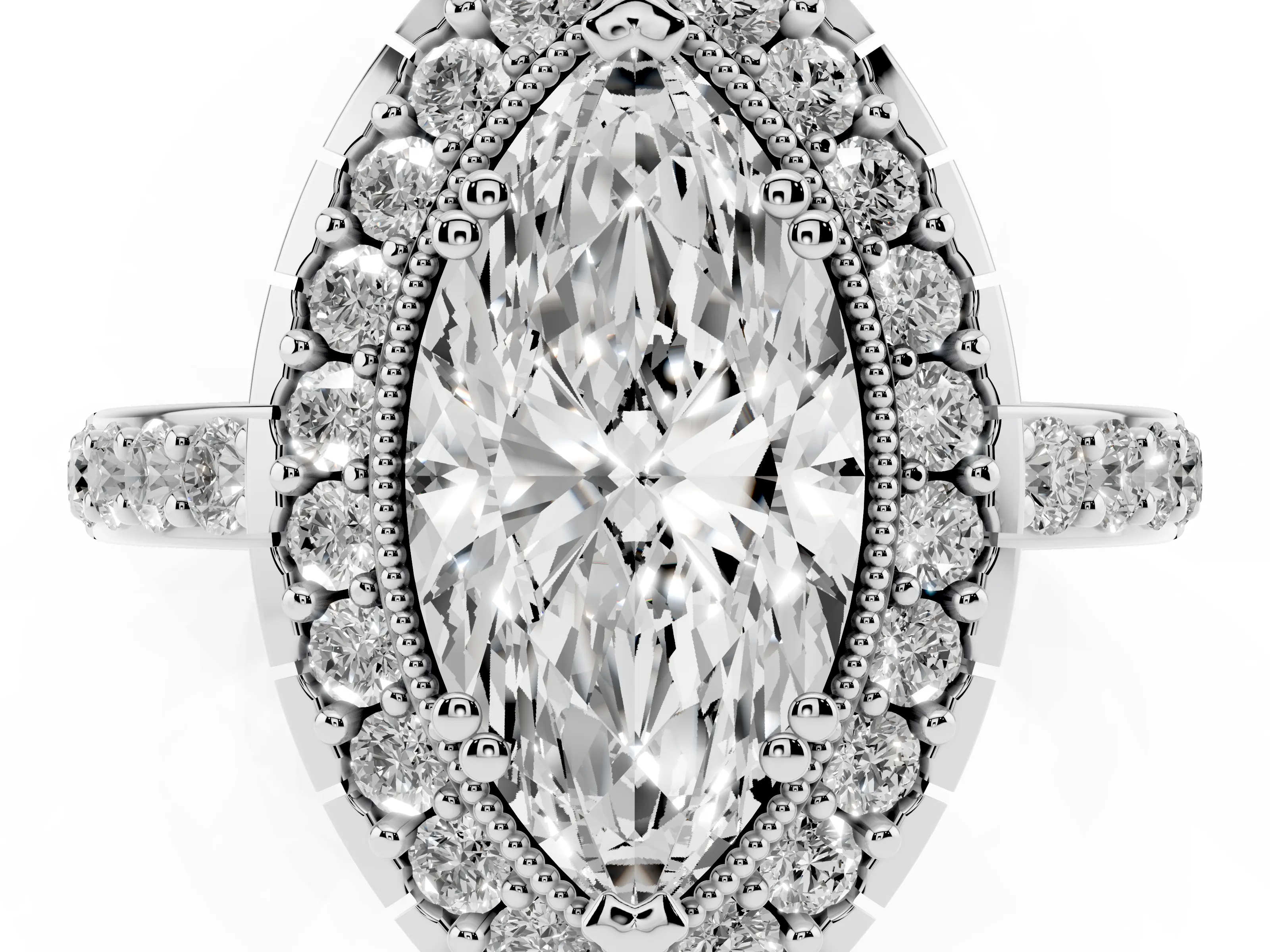 Marquise Cut Diamond Halo Ring Set in White gold with Pavé Shank and Prong Setting