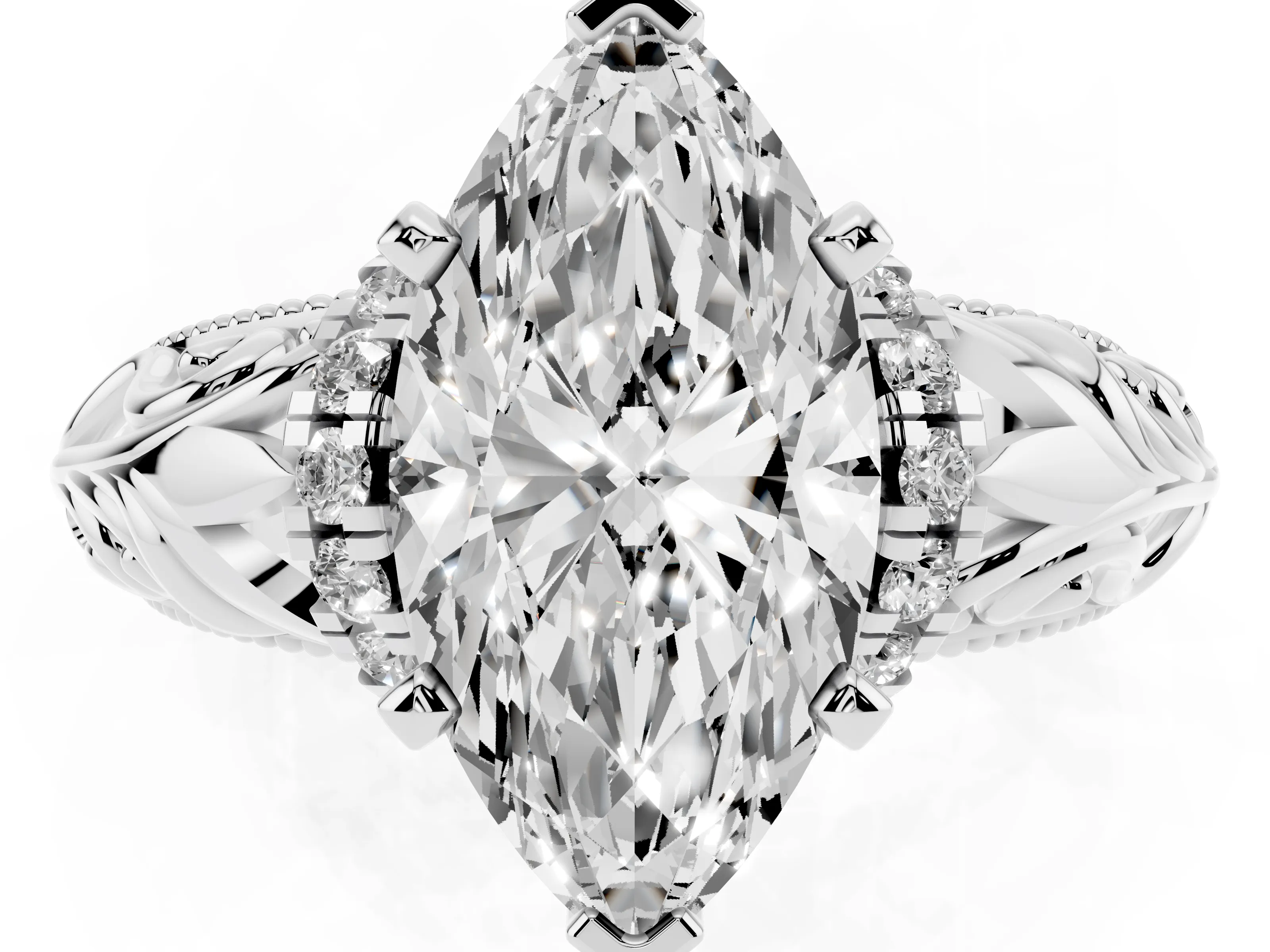 Marquise Cut Diamond Filigree Halo Engagement Ring Set in White gold with Prong Setting