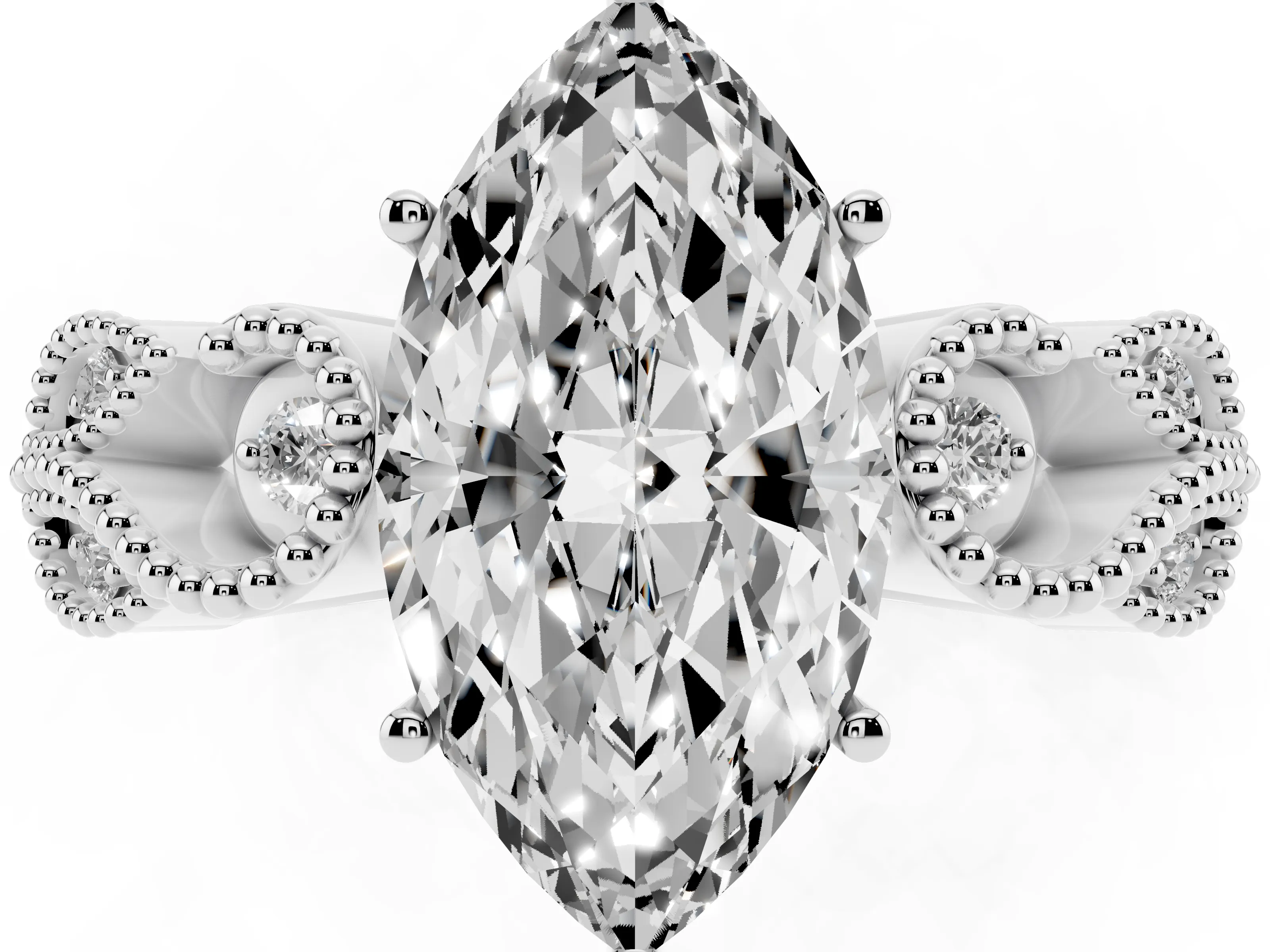 Marquise Cut Diamond Milgrain Leaf Band Solitaire Ring Set in White gold with Accent Stones and Prong Setting