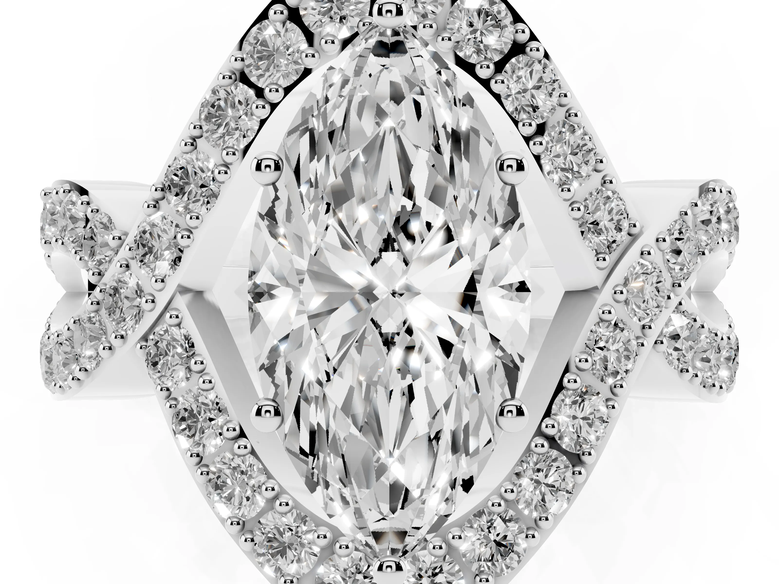 Marquise Cut Diamond Solitaire Twist Band Pavé Engagement Ring Set in Platinum