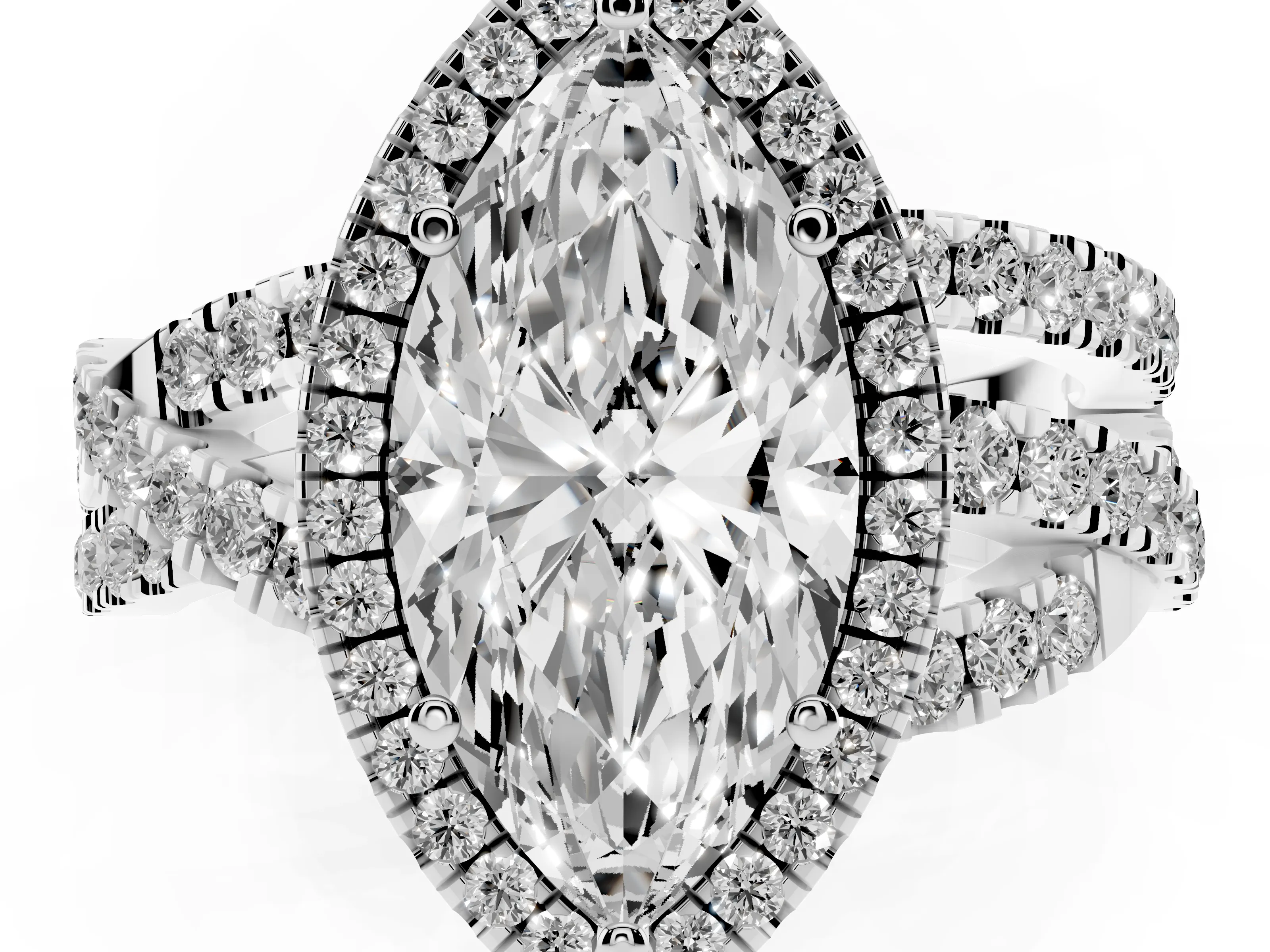 Marquise Cut Diamond Halo Ring Set in Platinum with Round Crossover Split Shank and Prong Setting