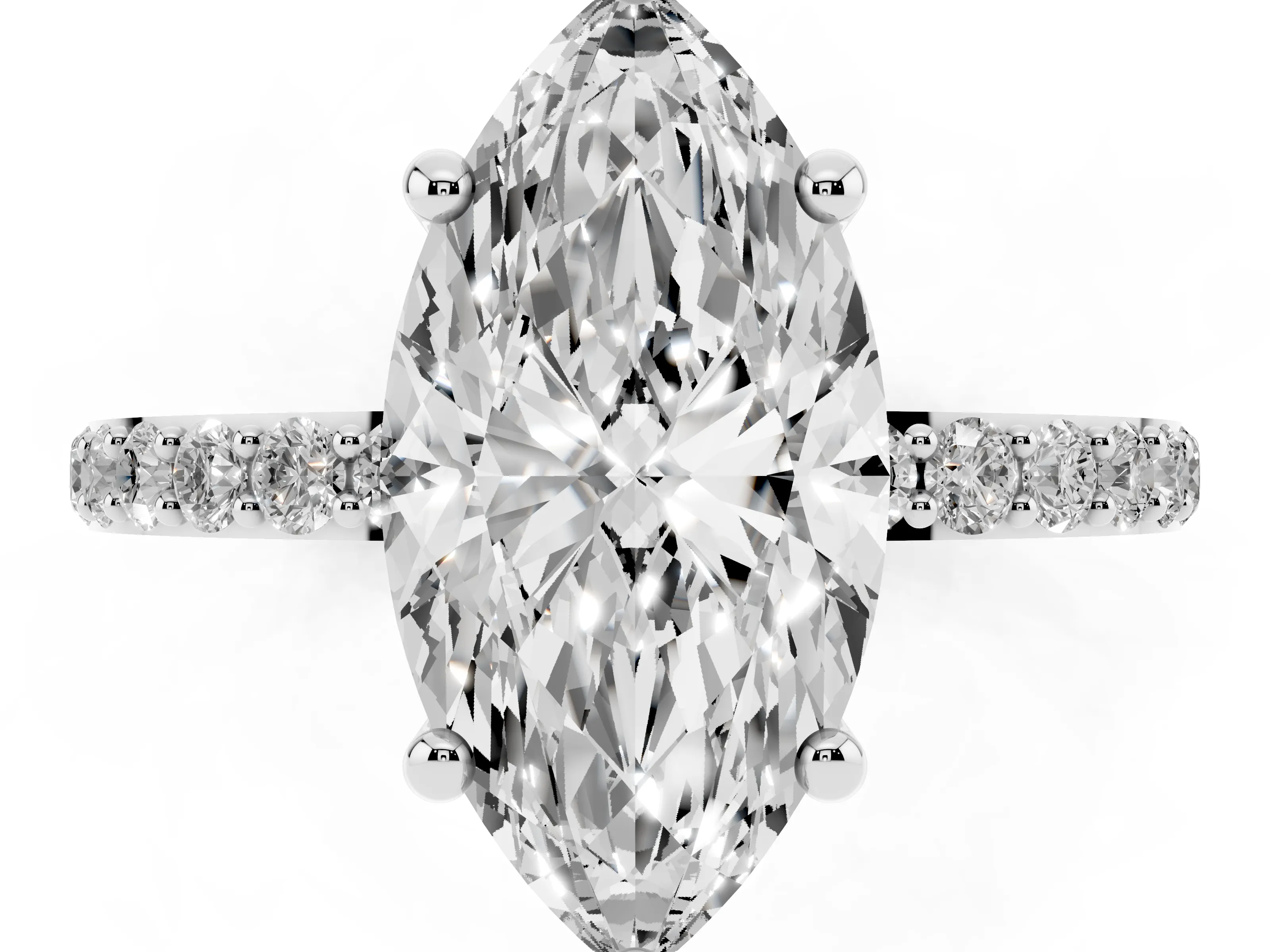 Marquise Cut Diamond Solitaire Ring Set in Silver with Round Pavé Band and Prong Setting