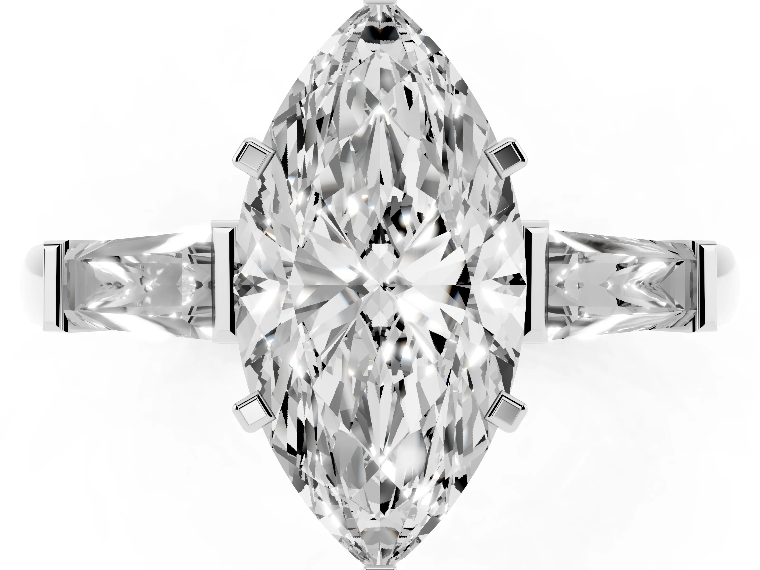 Marquise Cut Diamond Solitaire Ring Set in White gold with Tapered Baguette Side Stones and Prong Setting