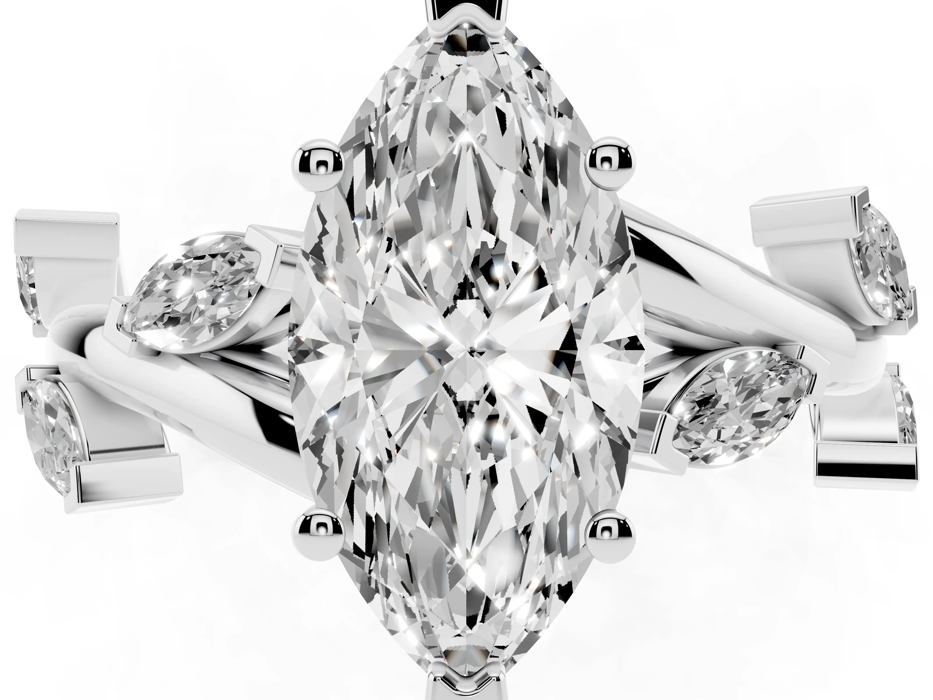 Marquise Cut Diamond Solitaire Ring Set in Silver with Twisted Marquise Accent Band