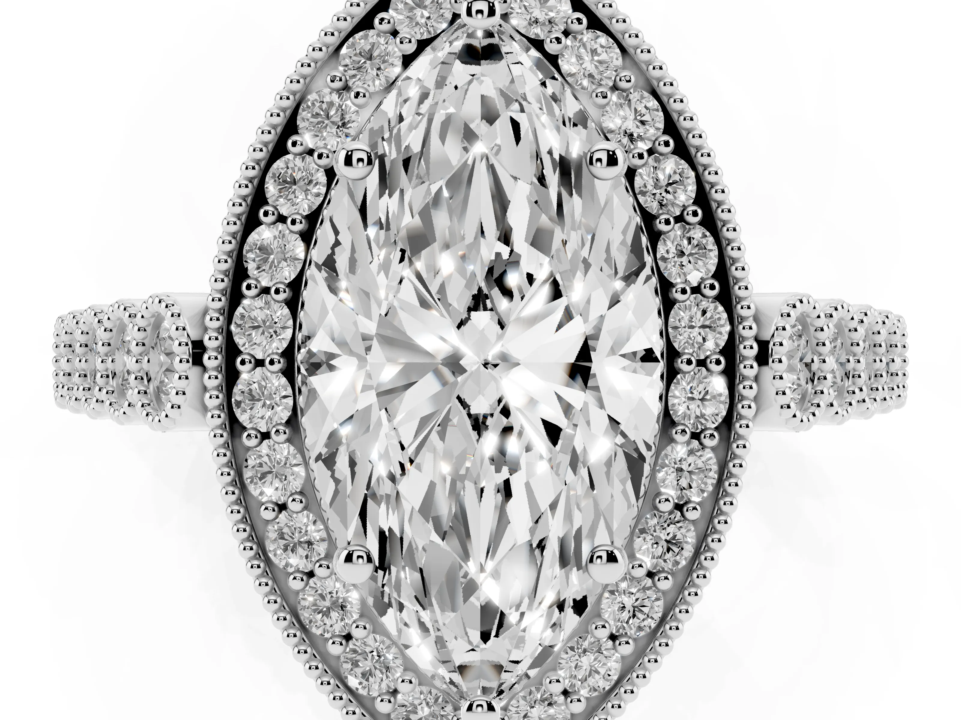 Marquise Cut Diamond Milgrain Halo Solitaire Ring Set in Silver with Bezel Set Side Stones and Pavé Band