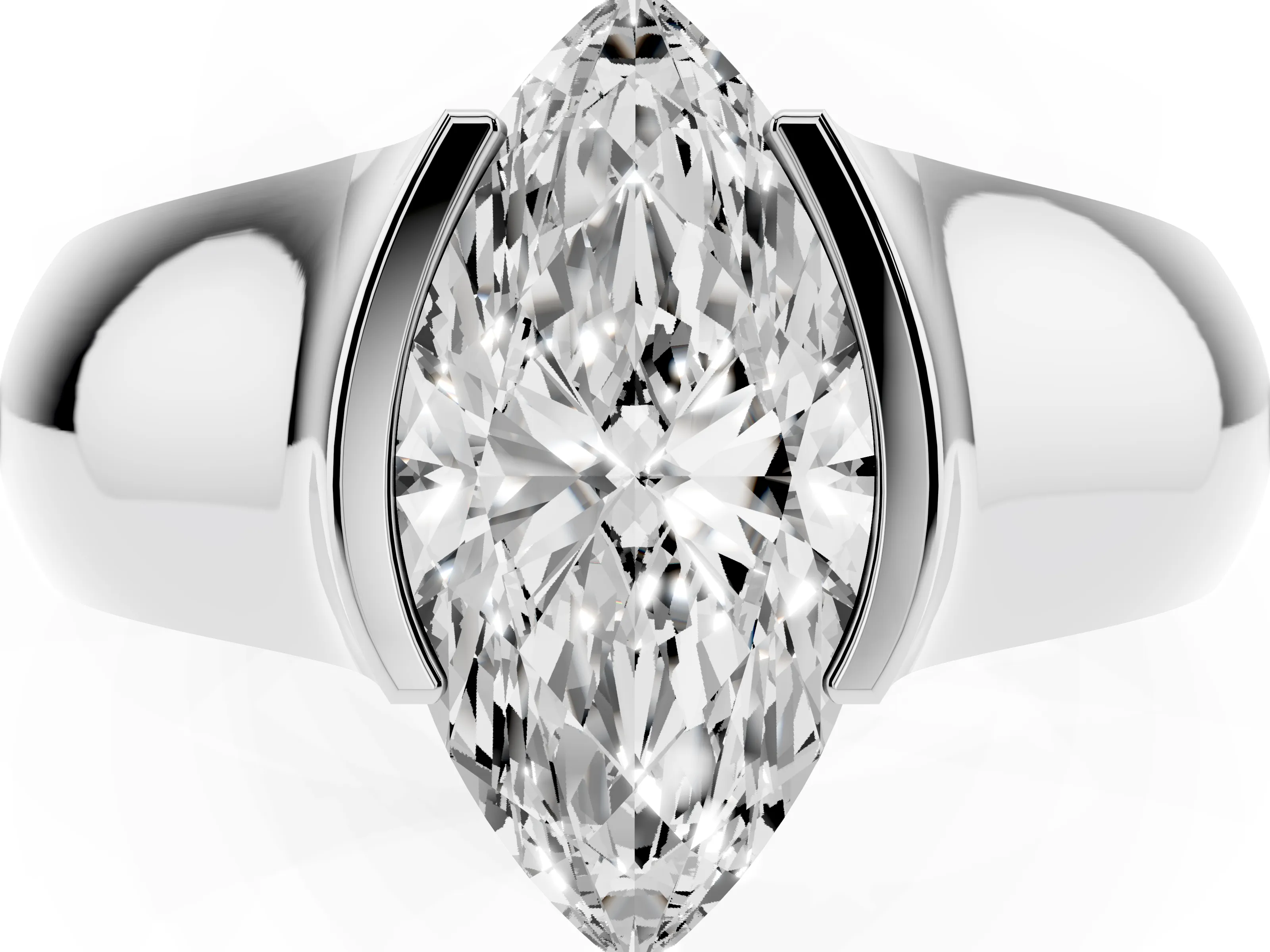 Marquise Cut Diamond Bezel Solitaire Ring Set in White gold with Wide Band