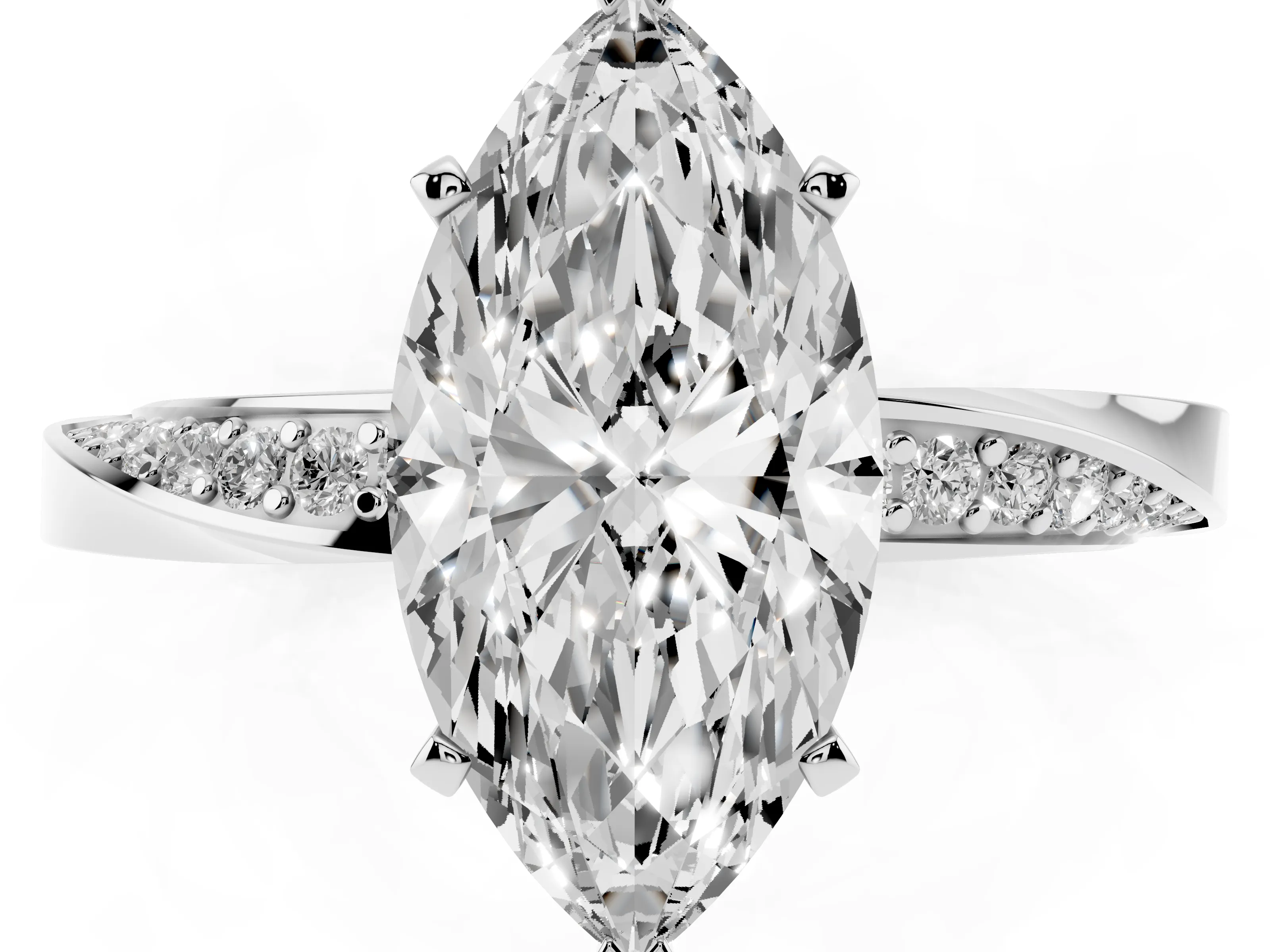Marquise Cut Diamond Engagement Ring Set in White gold with Side Stone Accents and Prong Setting