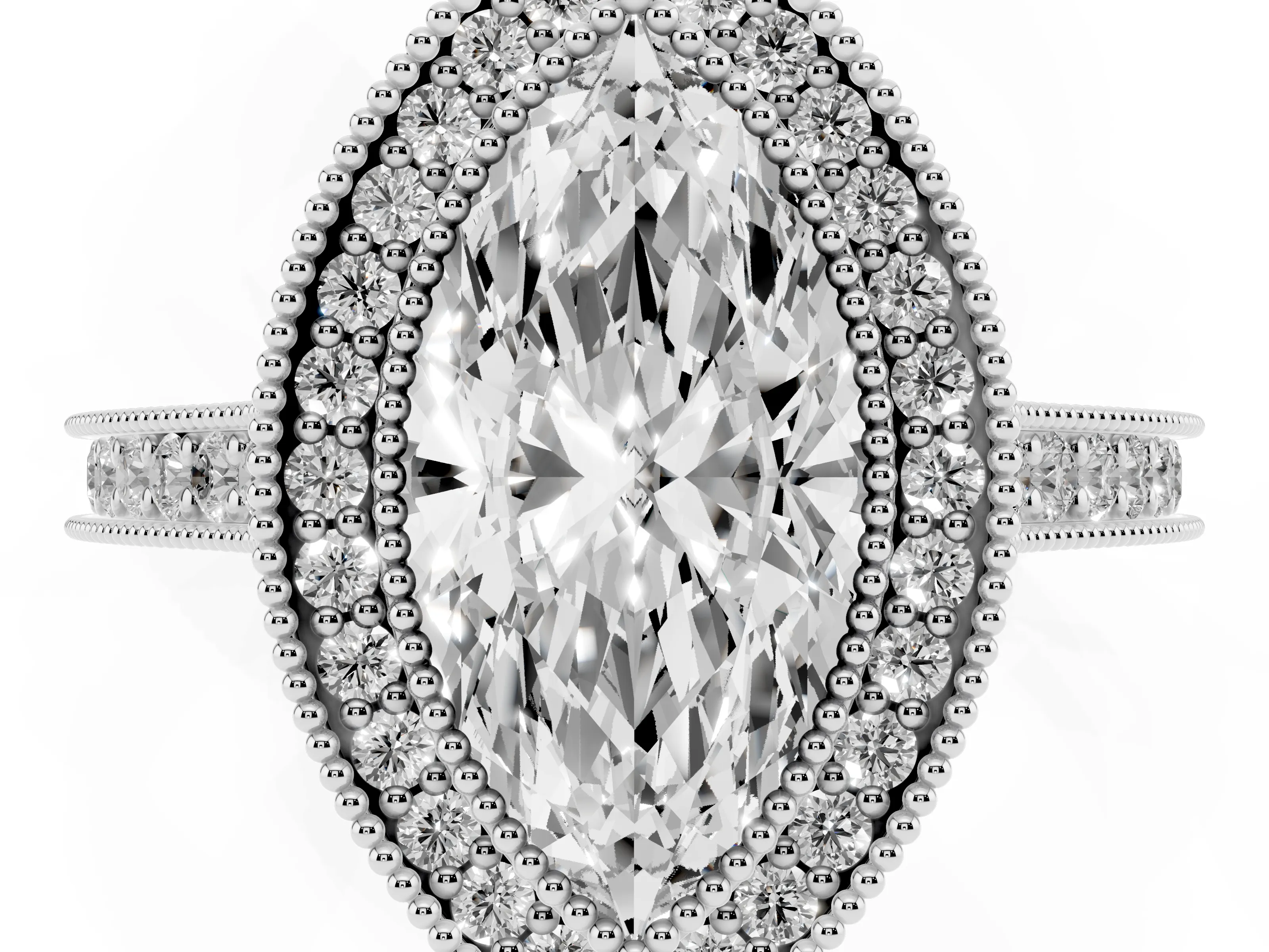 Marquise Cut Diamond Halo Milgrain Pavé Band Ring Set in Platinum with Prong Setting