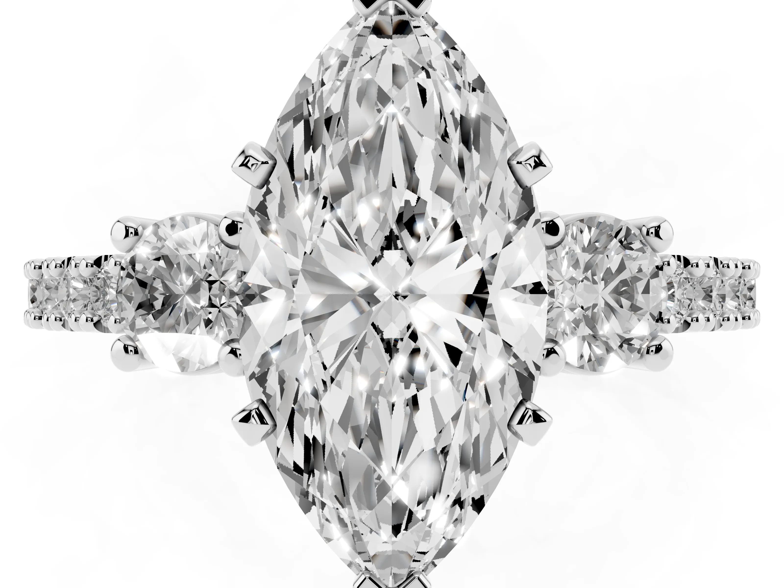 Three-Stone Marquise Cut Diamond Pavé Band Ring Set in Platinum with Prong Setting
