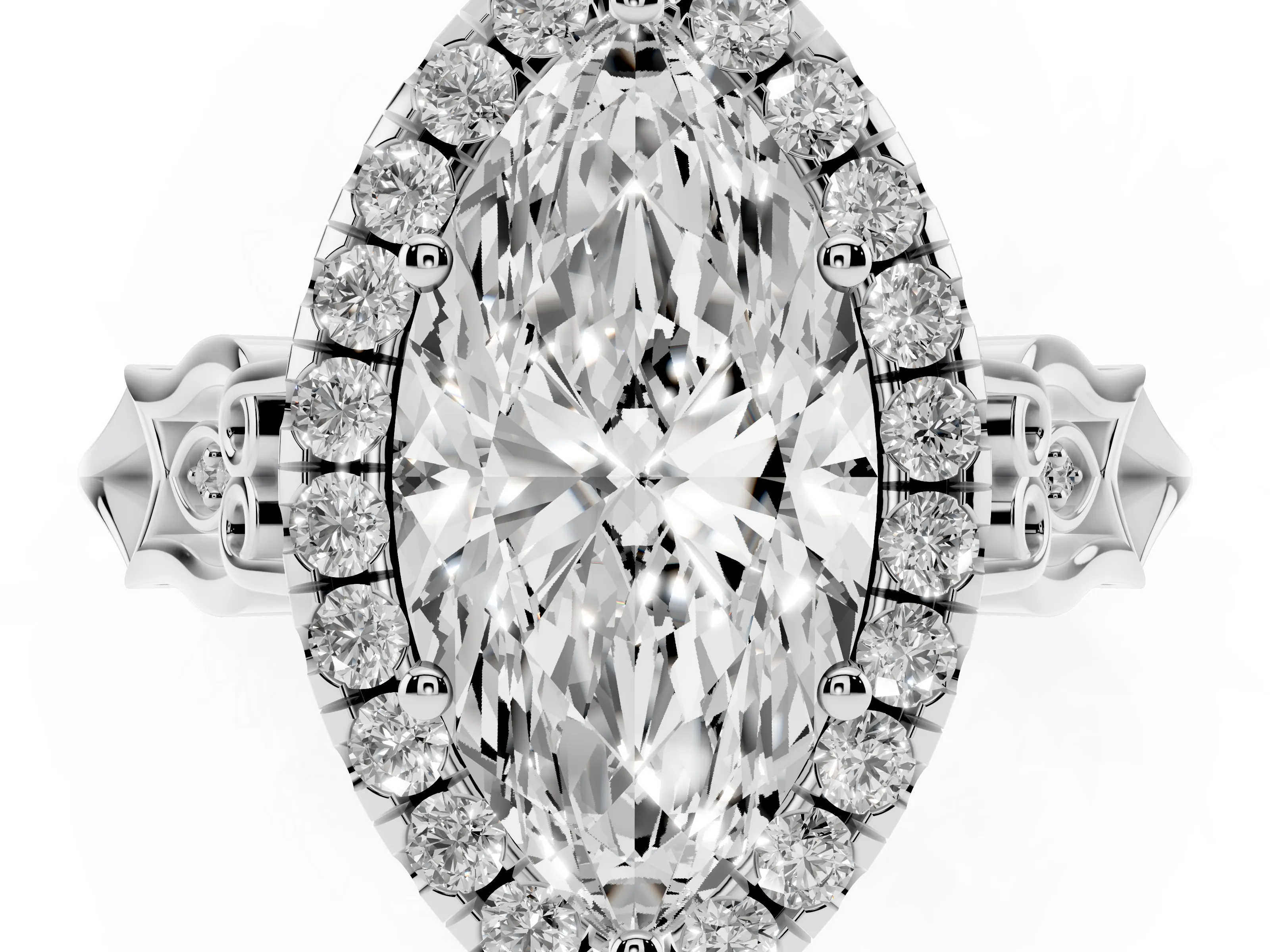 Marquise Cut Diamond Halo Engagement Ring Set in White gold with Filigree Band and Prong-Set Center