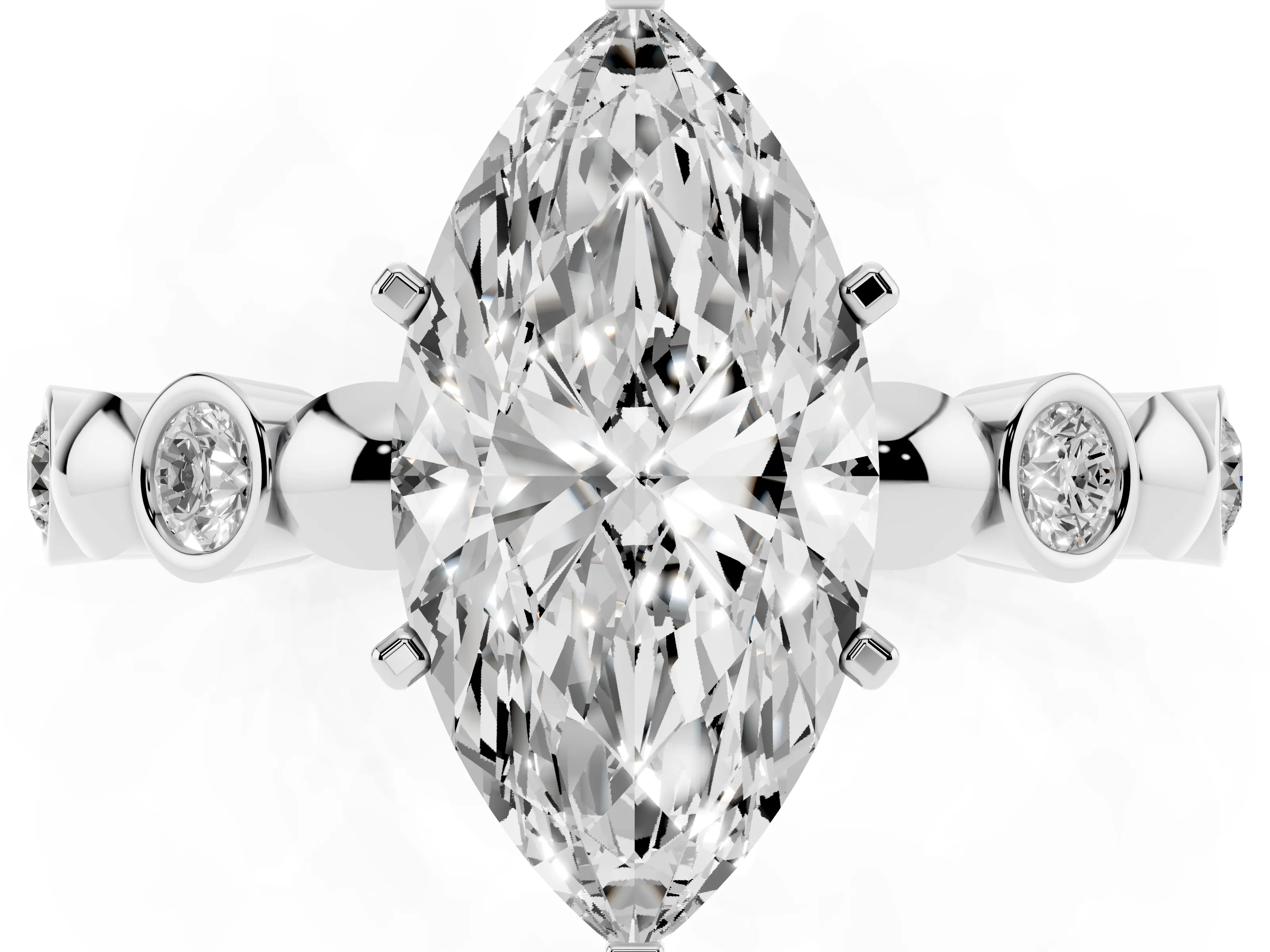 Marquise Cut Diamond Solitaire Ring Set in White gold with Bezel-Set Accents on Beaded Band and Prong Setting