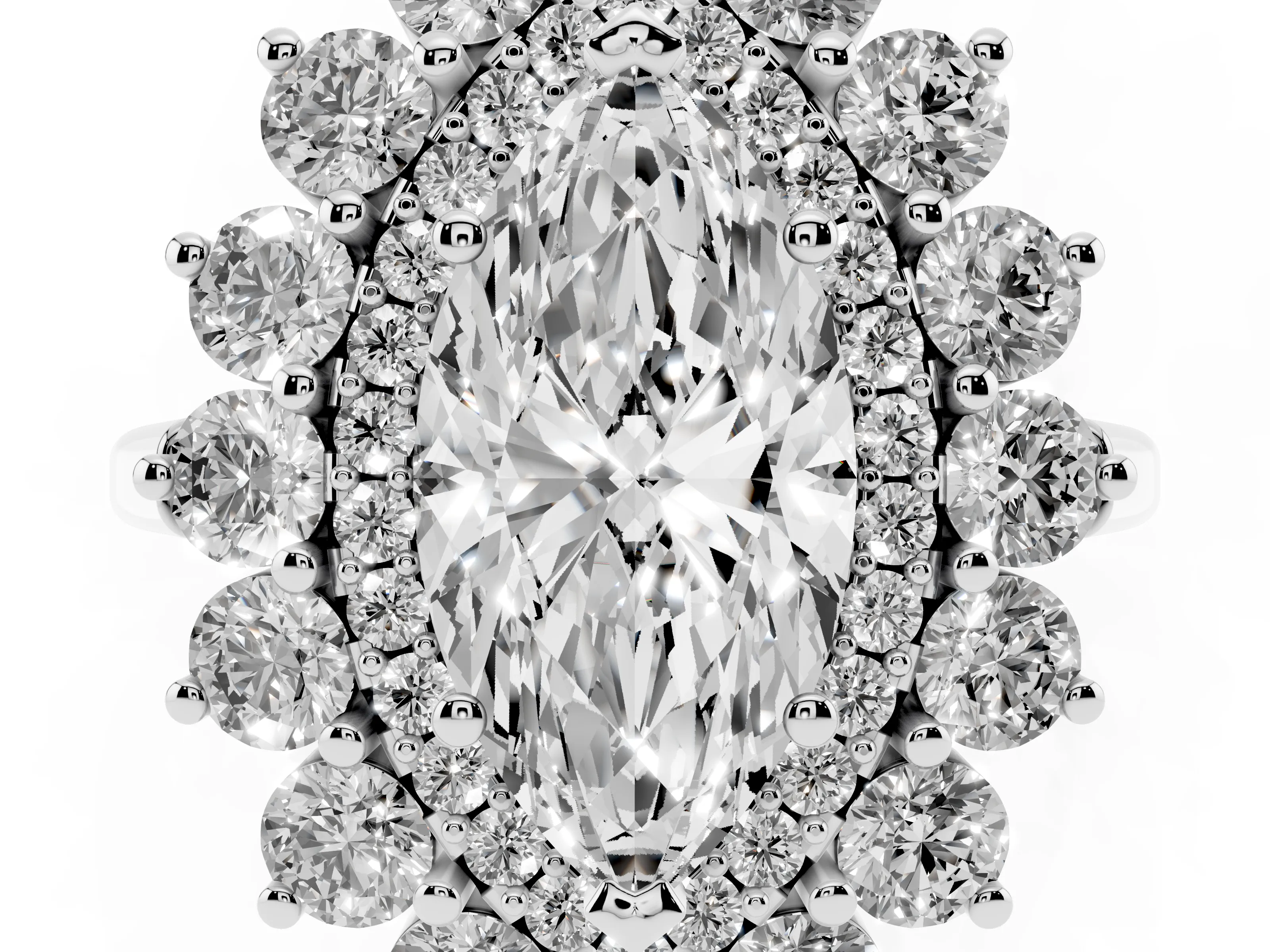 Marquise Cut Diamond Floral Double Halo Ring Set in Platinum with Round Petals
