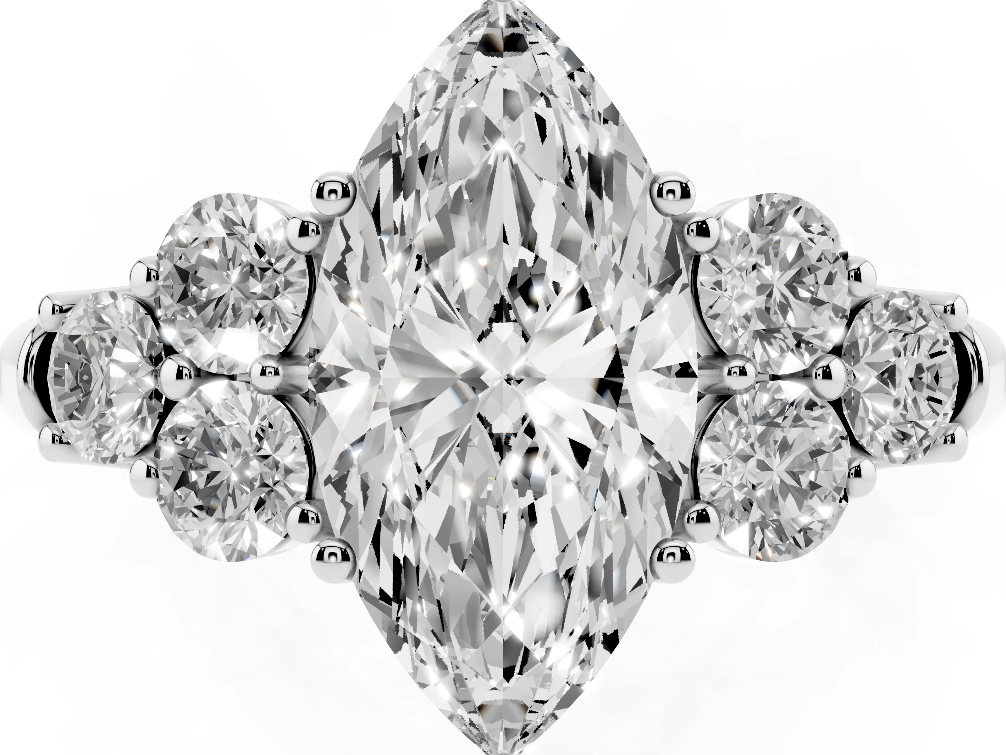 Marquise Cut Diamond Cluster Ring Set in Platinum with Round Accent Stones and Prong Setting on a Plain Band