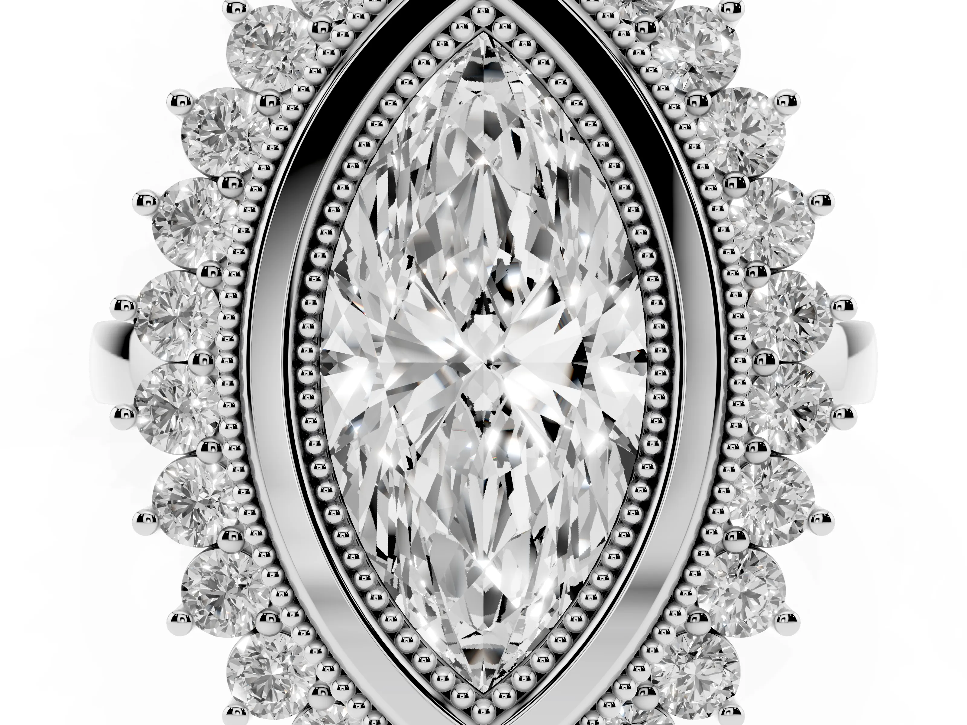 Marquise Cut Diamond Halo Ring Set in Silver with Milgrain Edge and Round Prong Setting