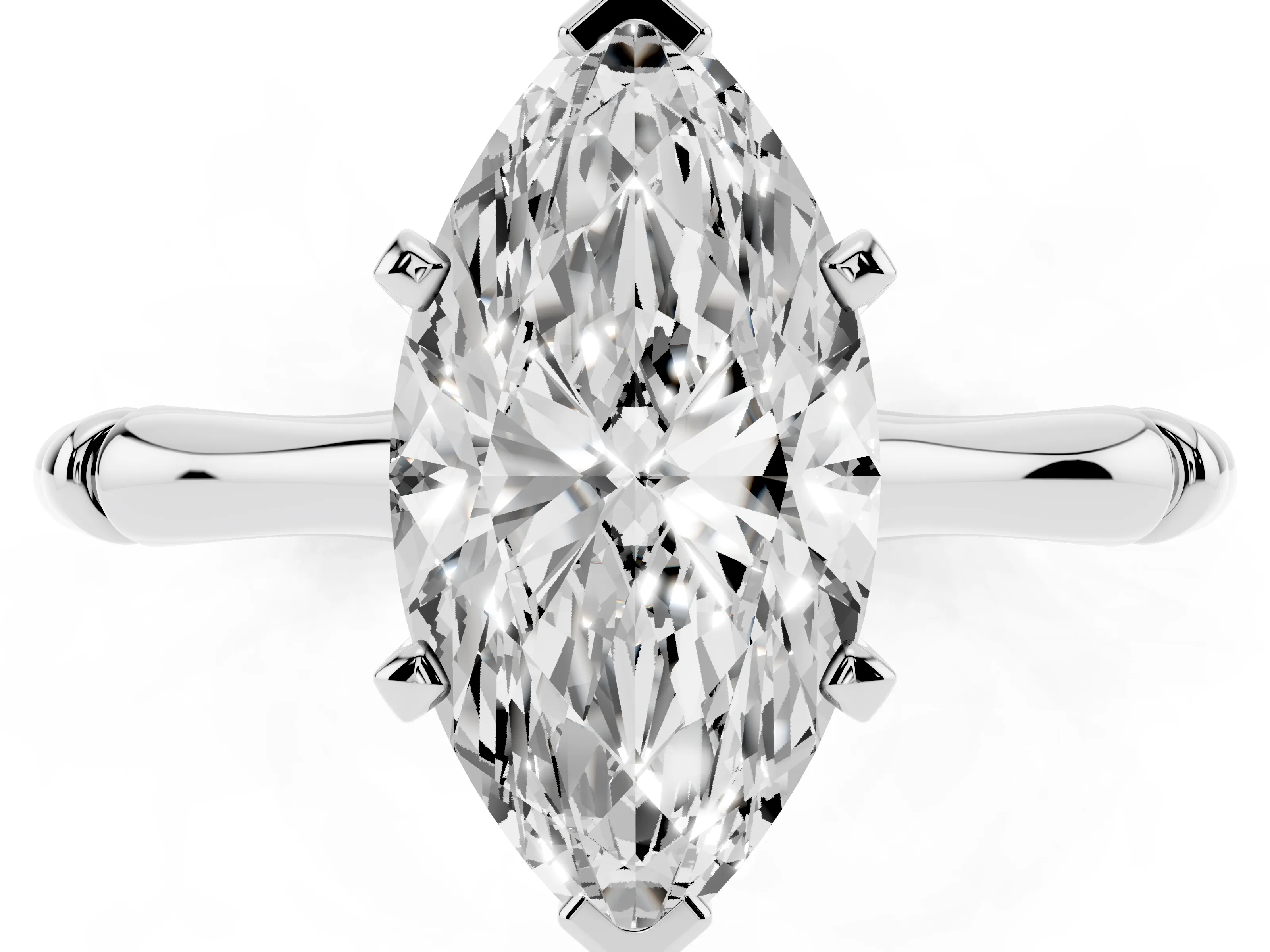 Marquise Cut Diamond Solitaire Ring Set in Platinum with Bamboo Band and Prong Setting