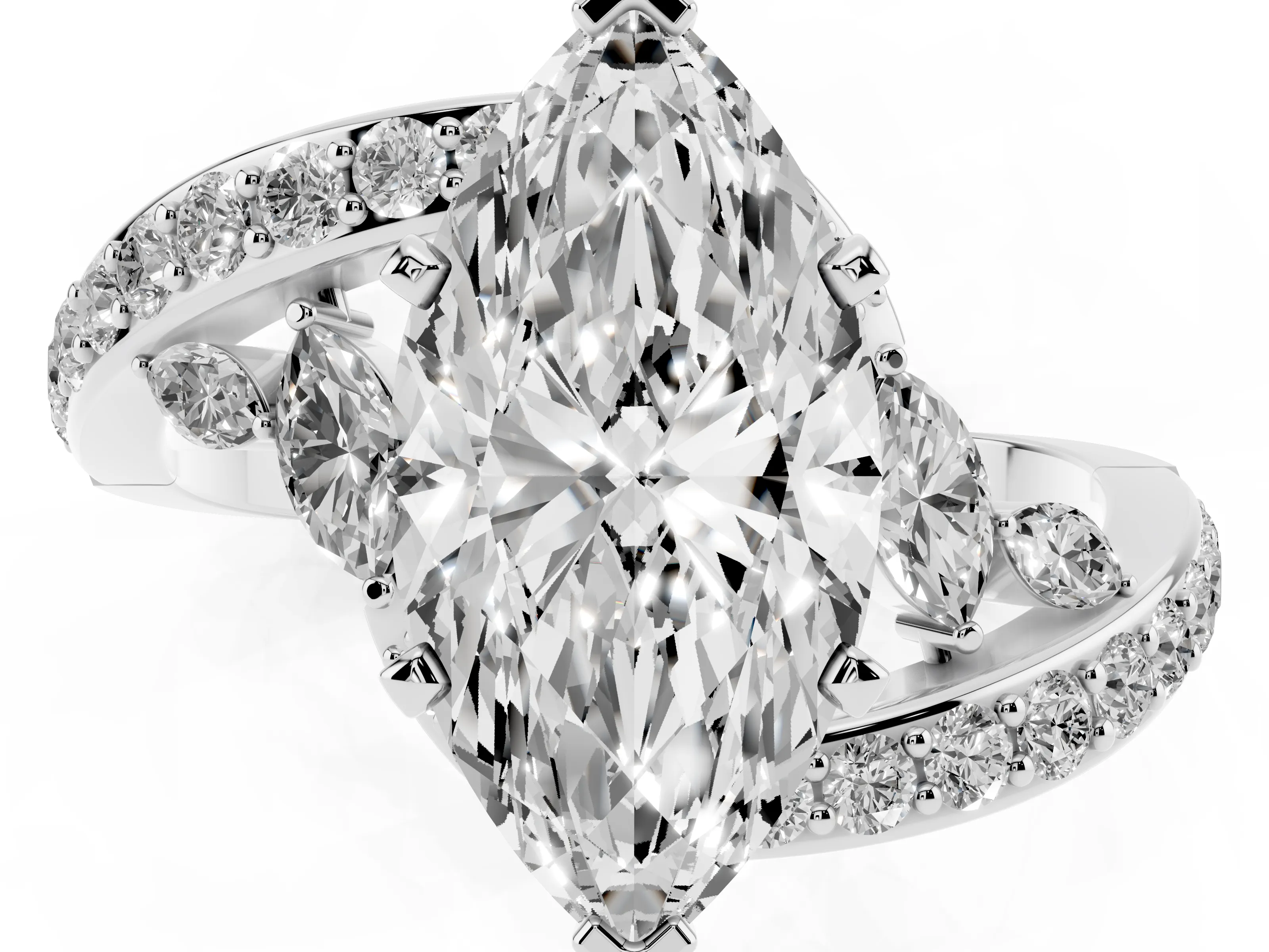 Marquise Cut Diamond Solitaire Ring Set in Platinum with Pavé Twist Band and Secure Prong Setting