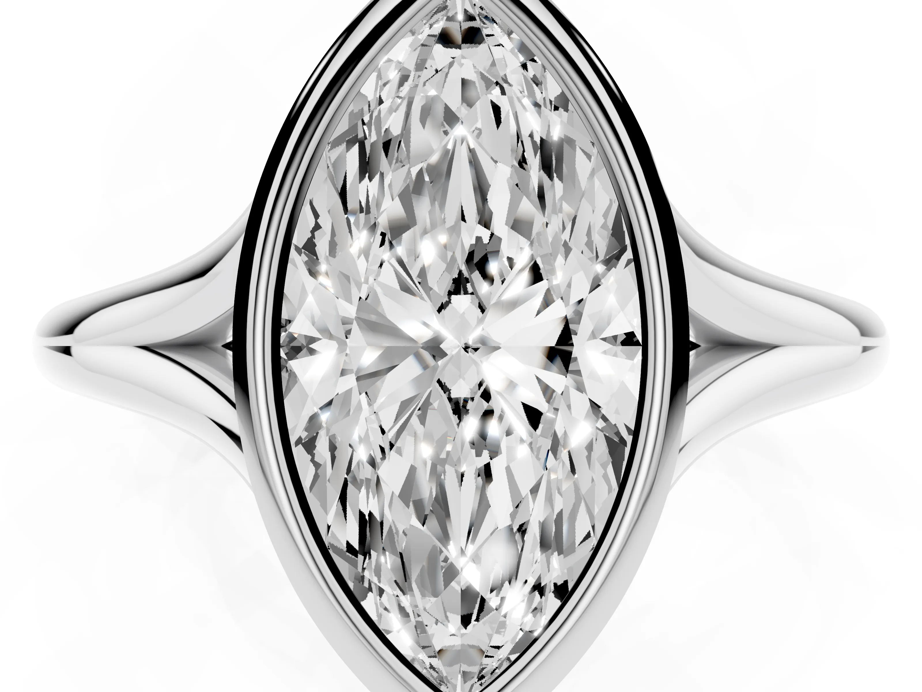 Bezel Set Marquise Cut Diamond Solitaire Ring Set in White gold with Tapered Band