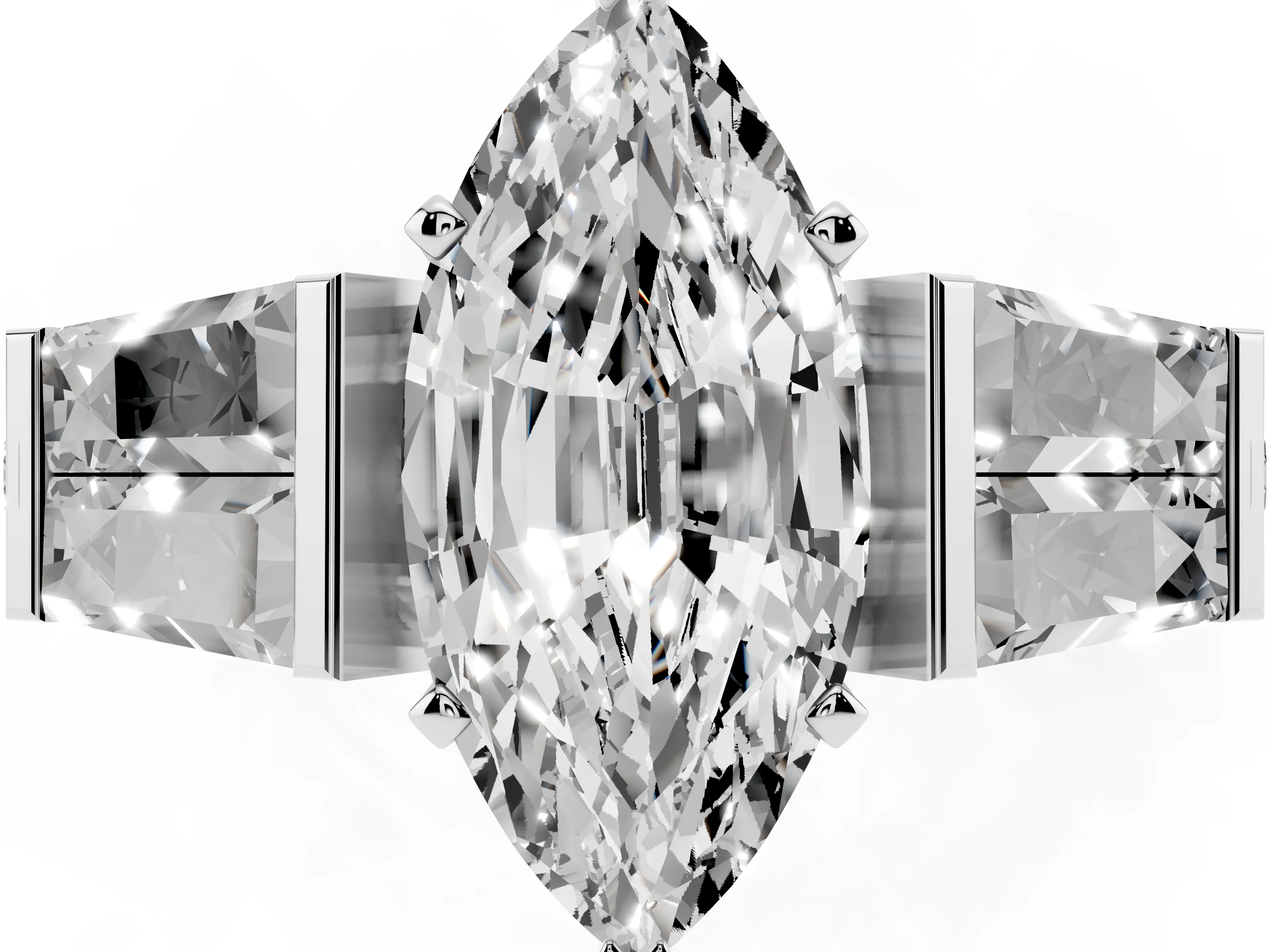Marquise Cut Diamond Engagement Ring Set in White gold with Baguette Side Stones and Channel Set Band