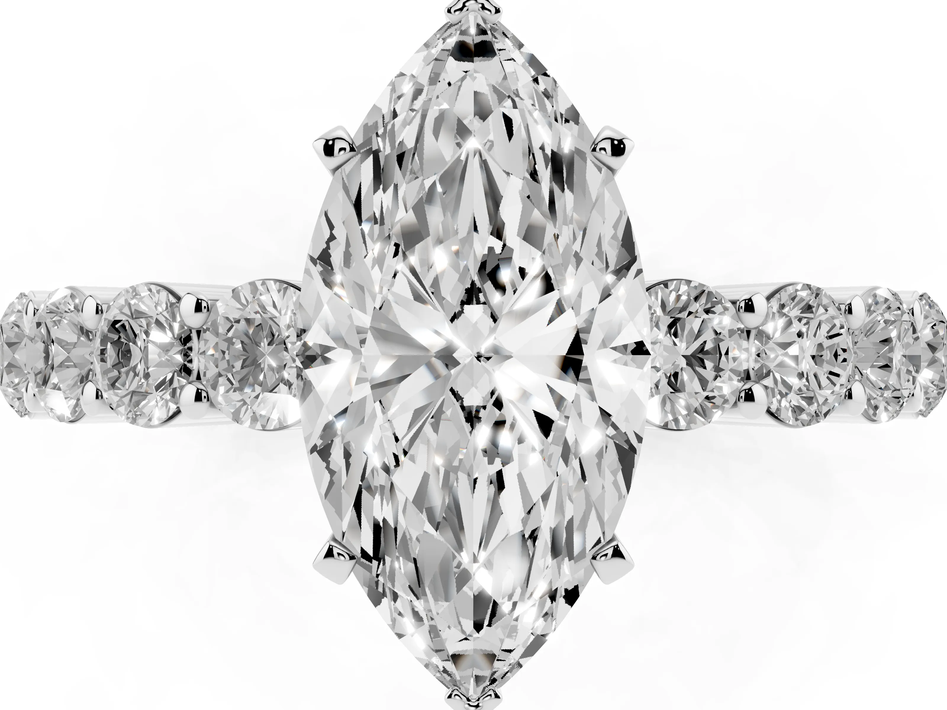 Marquise Cut Diamond Solitaire Ring Set in Platinum with Shared Prong Round Side Stones