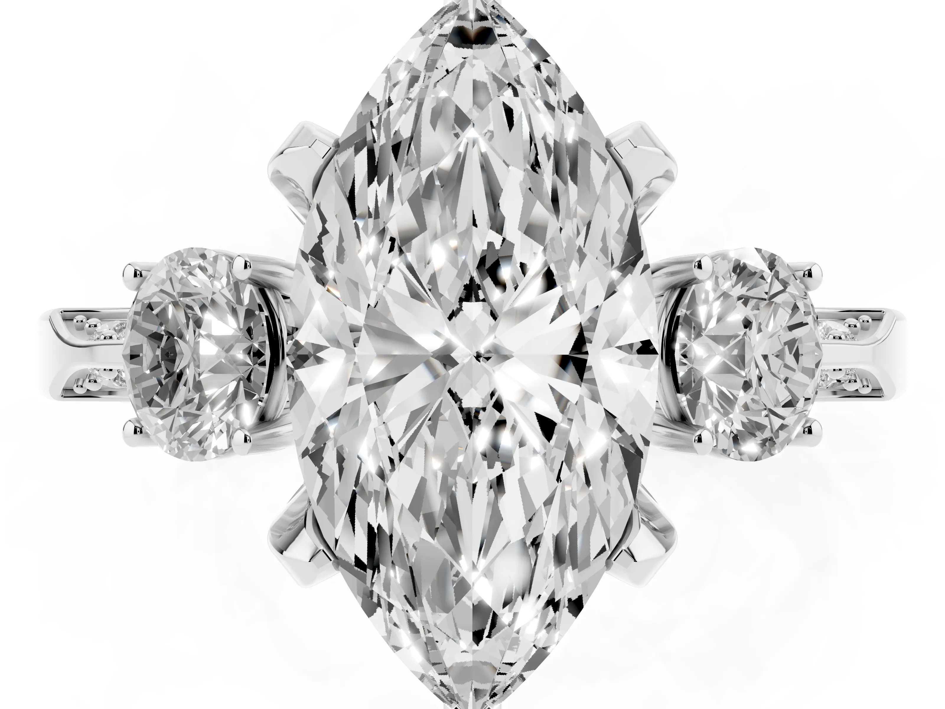 Marquise Cut Diamond Three-Stone Ring Set in Silver with Pavé Band and Smaller Side Stones