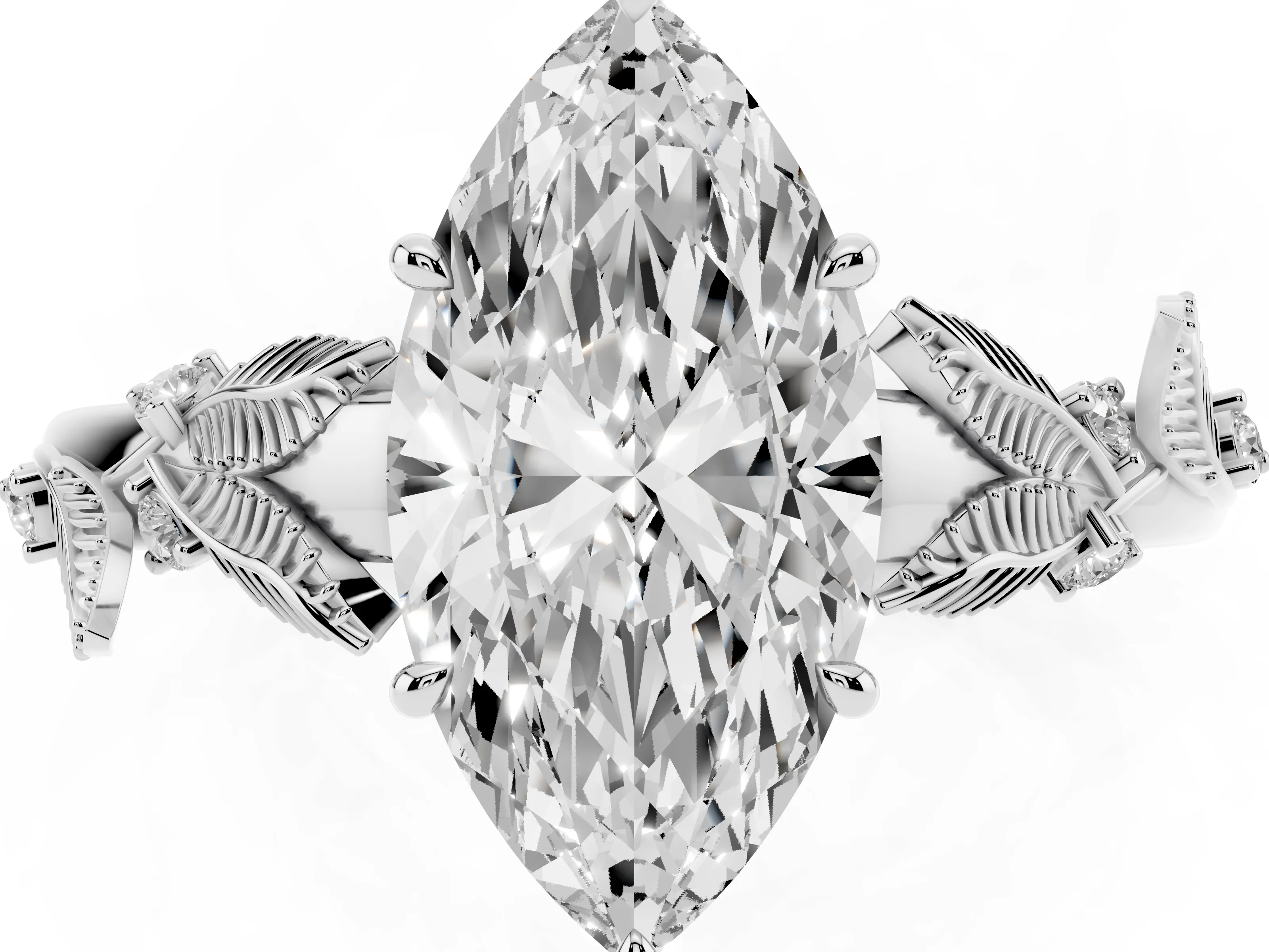 Marquise Cut Diamond Solitaire Ring Set in Silver with Leaf Motif Band